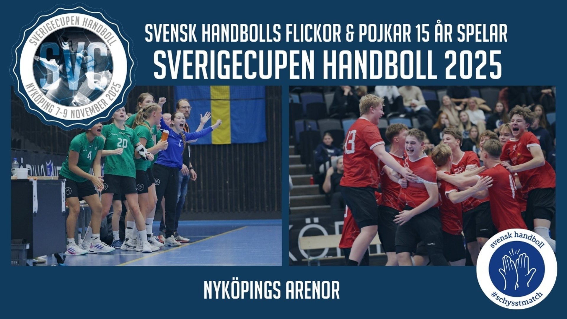 Enn bild med en rubrik och två logotyper samt två bilder med unga handbollsspelare