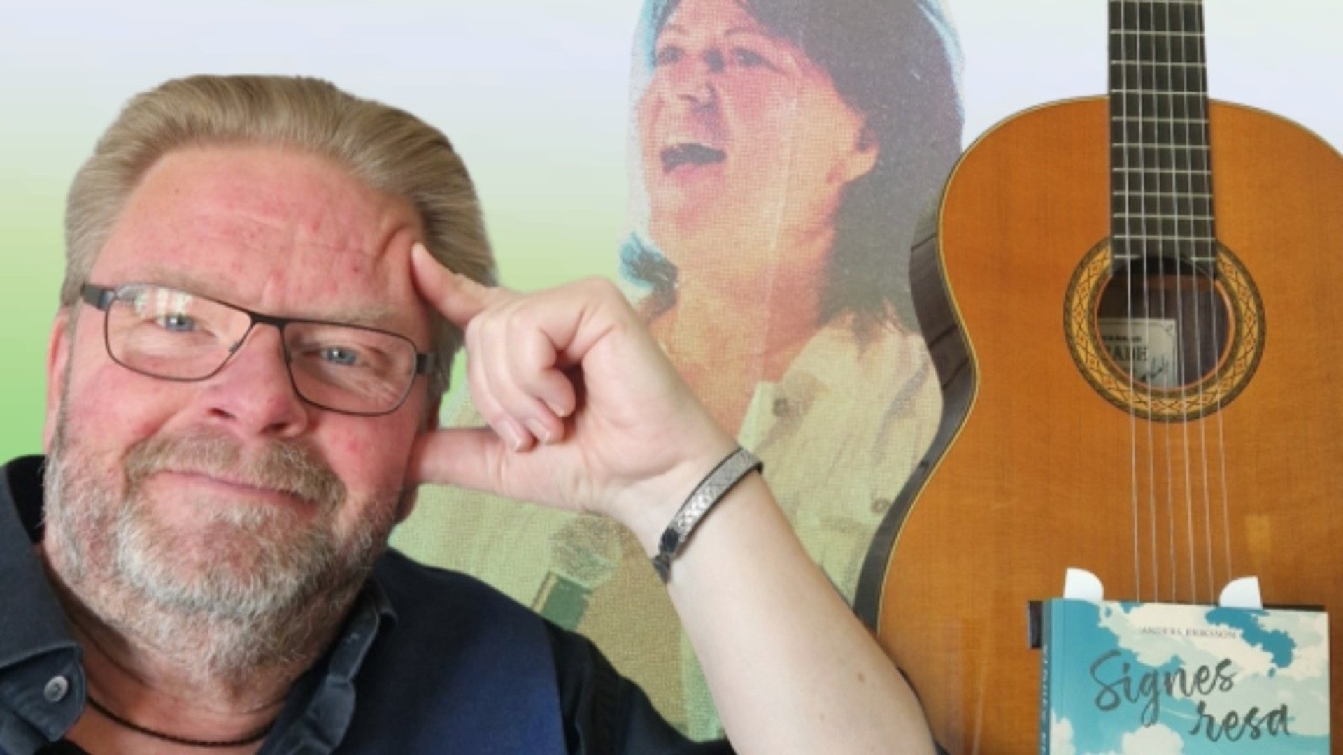 Författaren Anders Eriksson och musikern Anette Möllergren tillsammans med en akustisk gitarr.