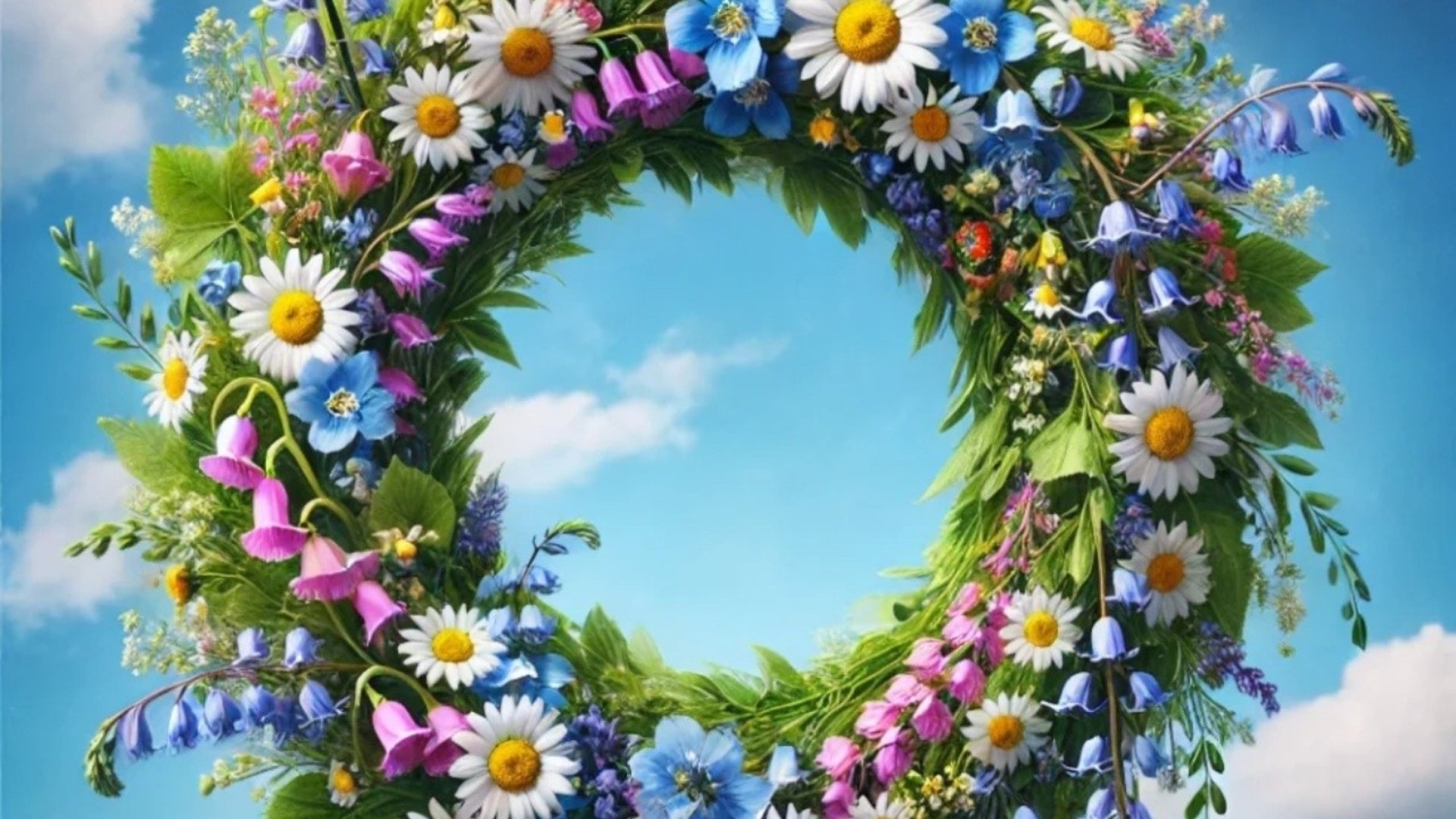 Midsommarkrans mot en blå himmel med små vita moln. AI-genererad bild.