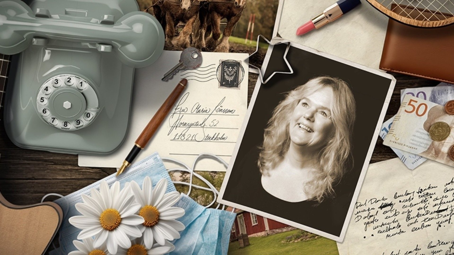 Collagebild från affischen föreställande en mängd olika objekt och en bild på Anna