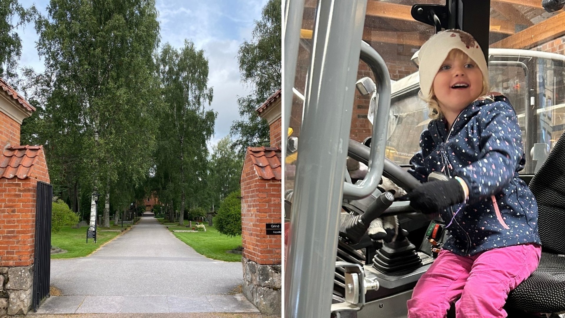 Tvådelad bild. Bild 1 föreställer en av entréerna till Nya kyrkogården mot Kapellet. På bild 2 provsitter ett litet barn en traktor.