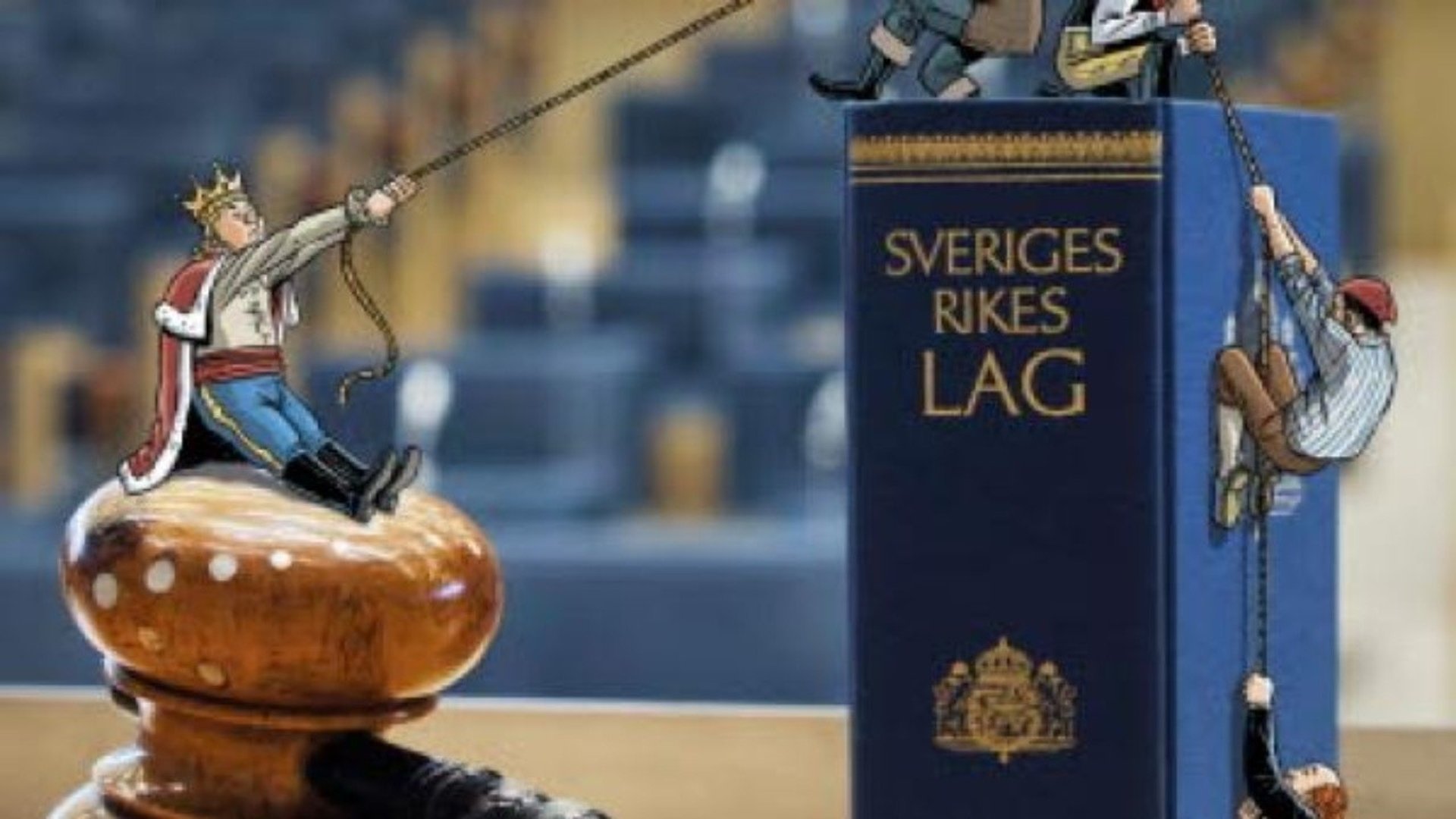 Tecknade figurer som klättrar på Sveriges lagbok.