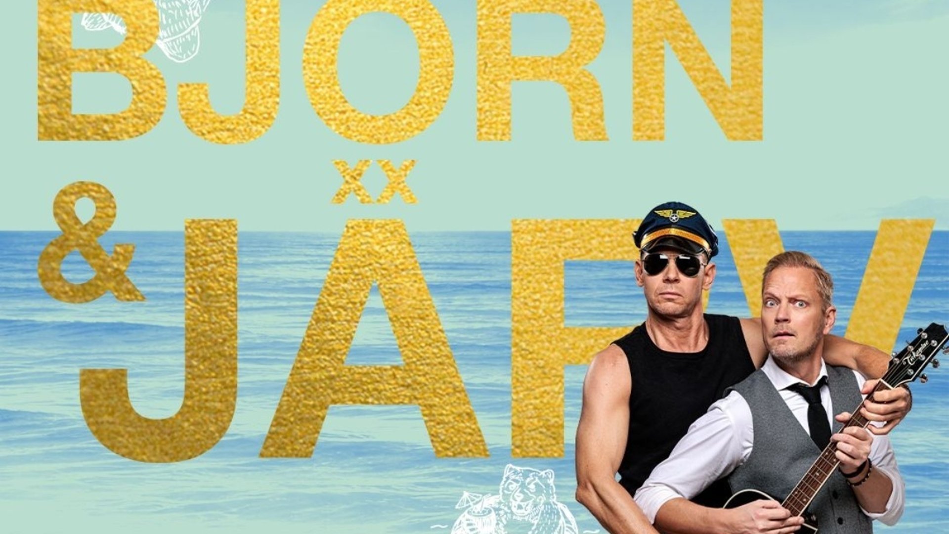 Björn Rosenström och Thomas Järvheden längst fram till vänster. Björn T i svart linne, solglasögon och flygarmössa, Thomas J i vit skjorta, svart slips, grå väst och en gitarr, som även Björn R håller ena handen på. Texten BJÖRN & JÄRV i guldfärgade, stora versaler i bakgrunden. Bakgrundsbild: havet.