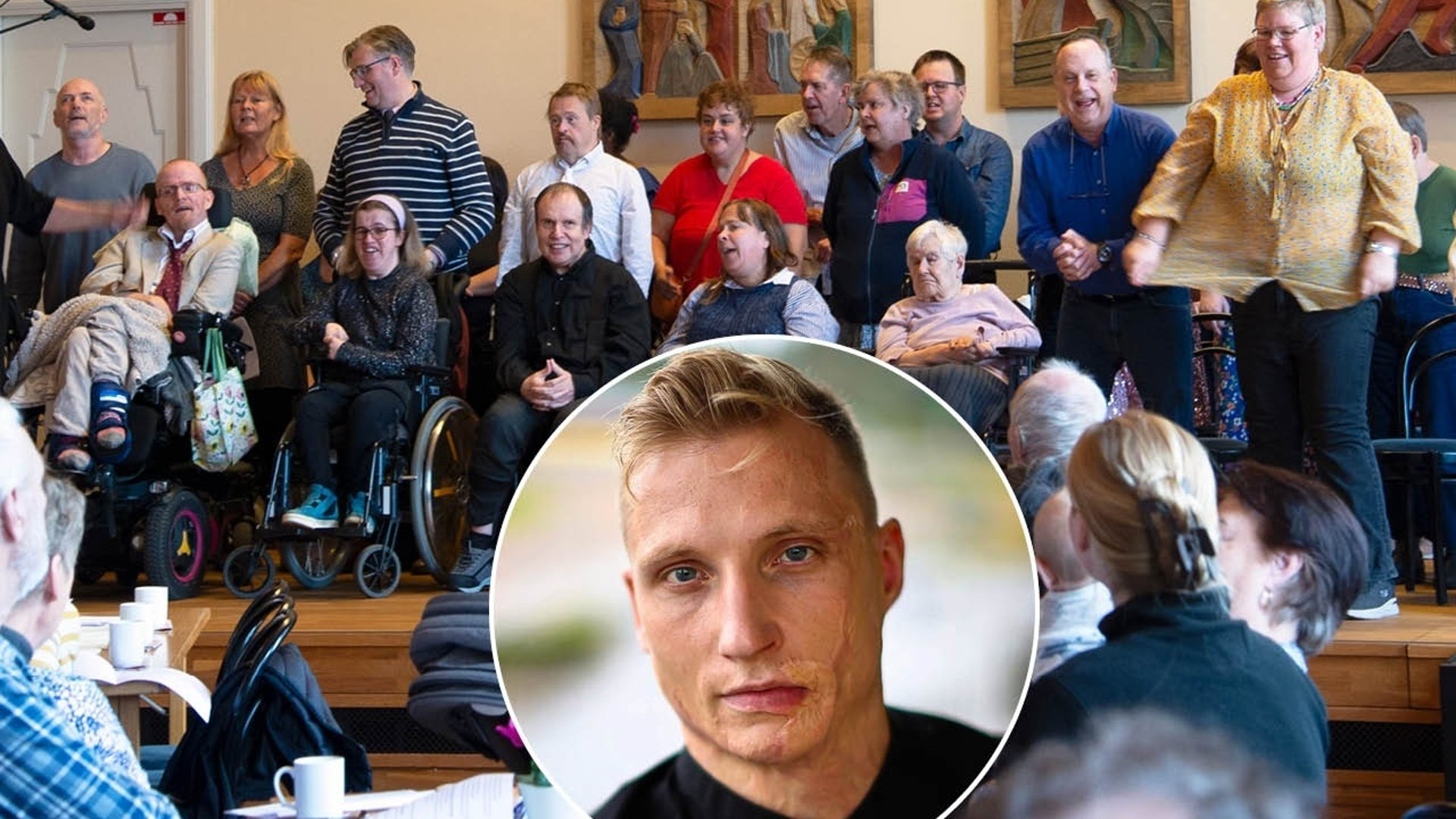 Kören Glädjen och gästartist Axel Schylström i infälld bild