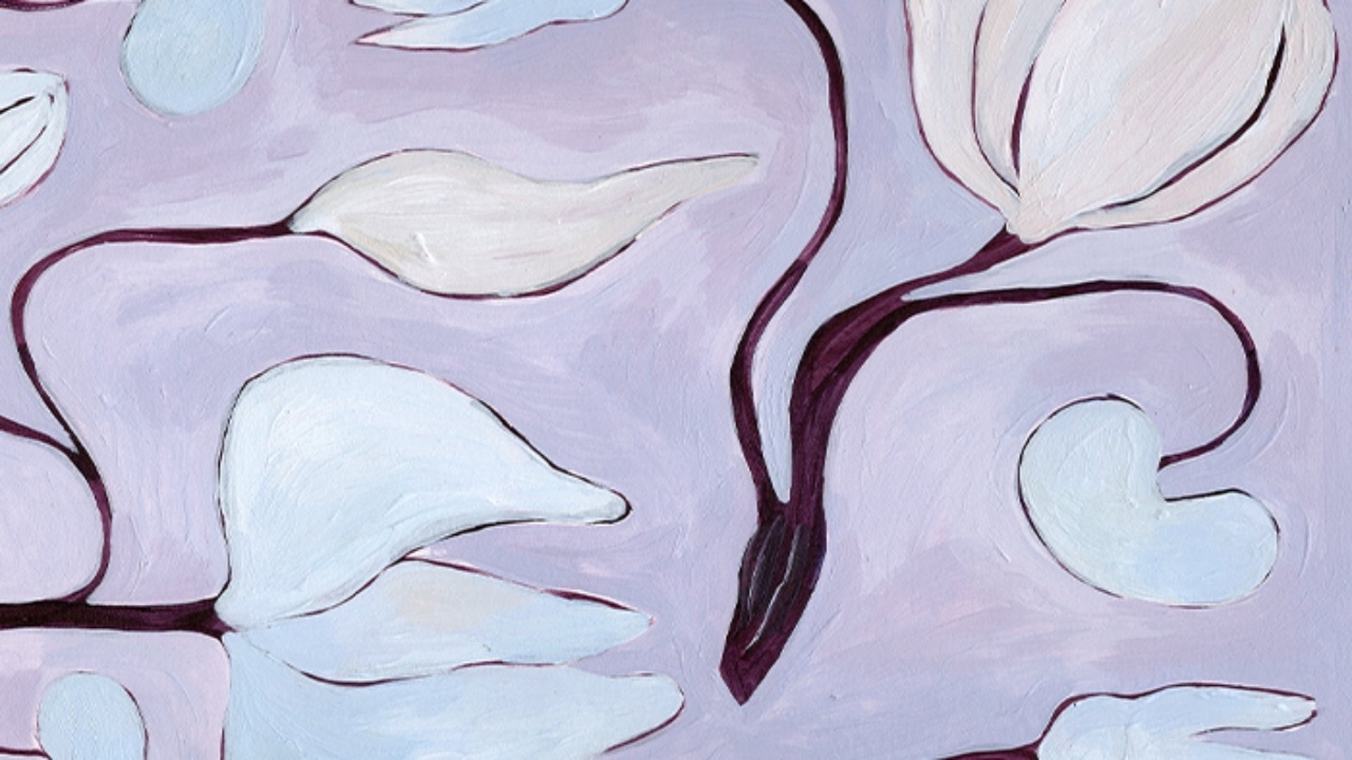 Målning av Amanda Ravandoni. Vita växter mot syrenlila bakgrund.