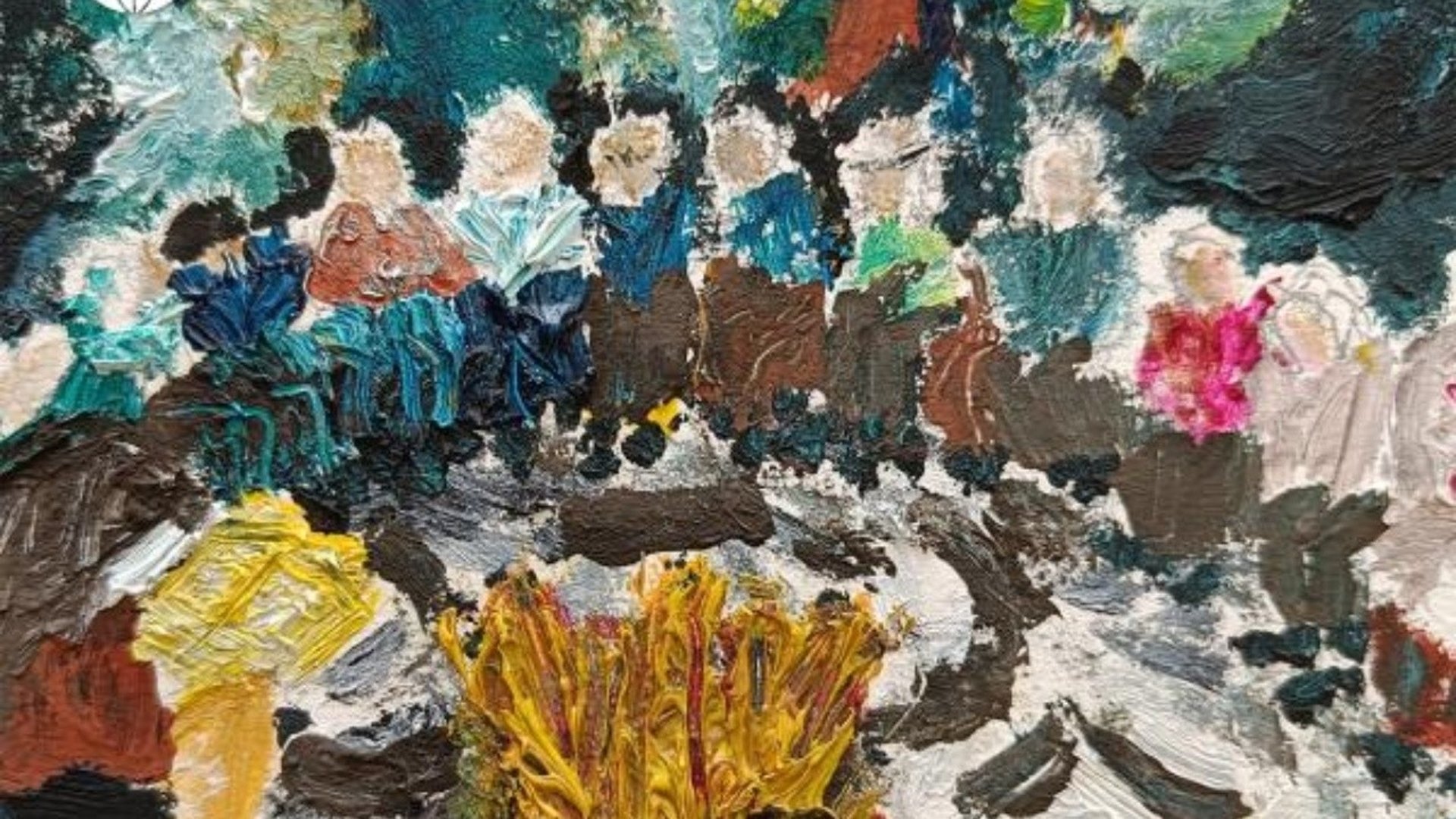 Abstrakt oljemålning av en samling människor framför en eld.