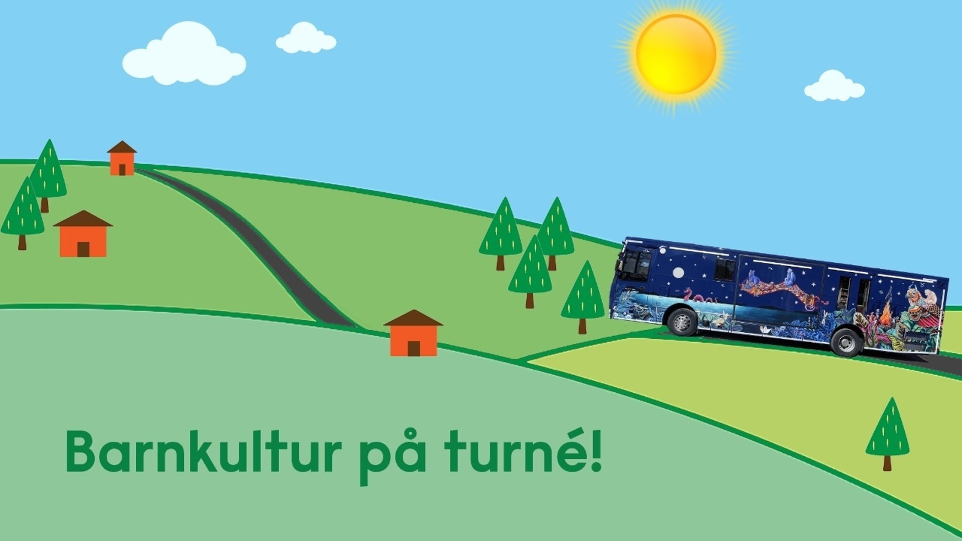 Ett tecknat landskap med en landsväg där man ser bokbussen åka förbi.