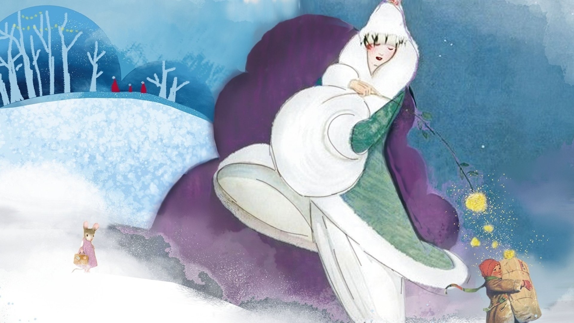 Ett vinterlandskap med en magisk fe och en liten tomte