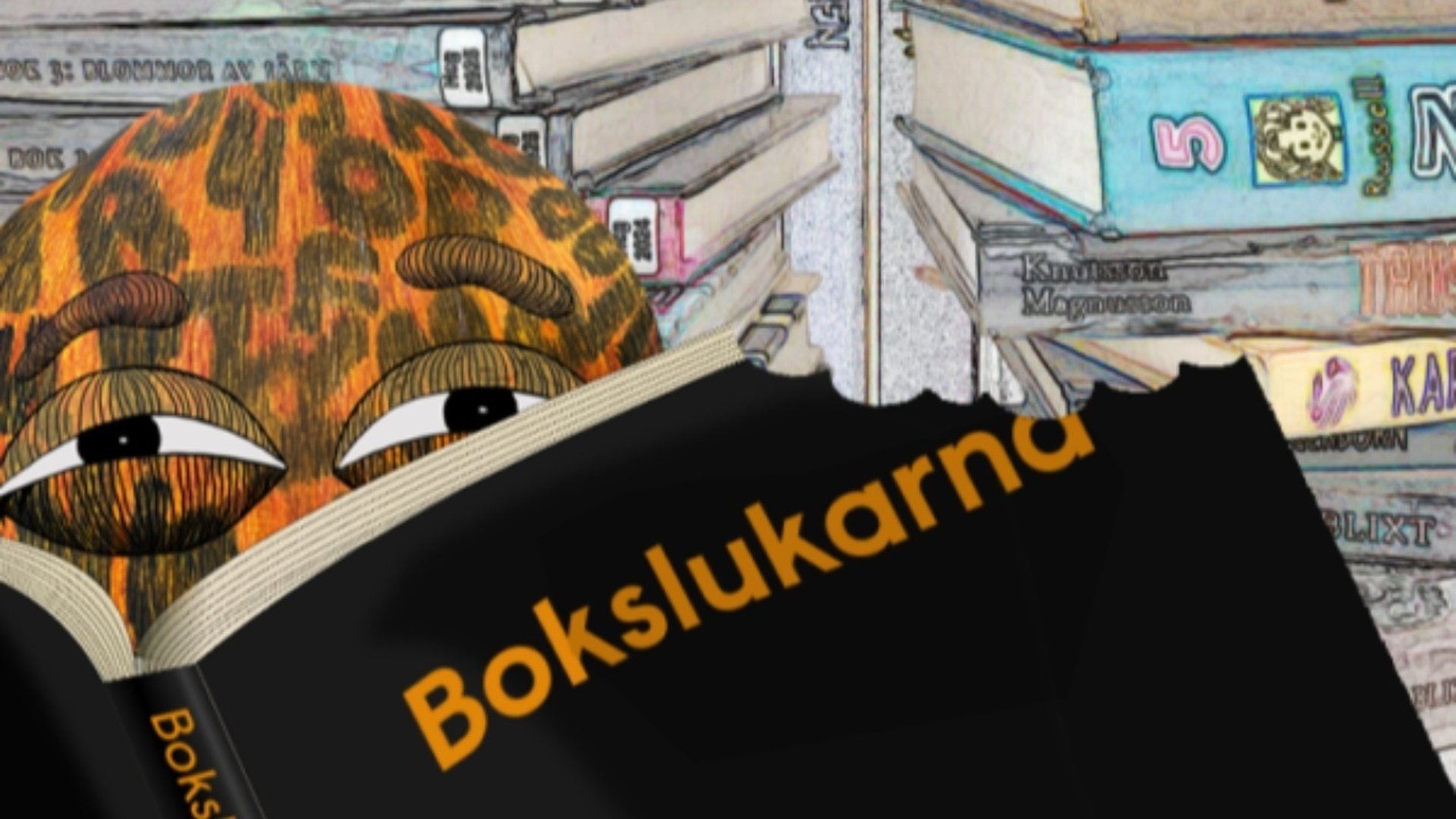 Bokslukarmonstret läser en bok och ser lurig ut.