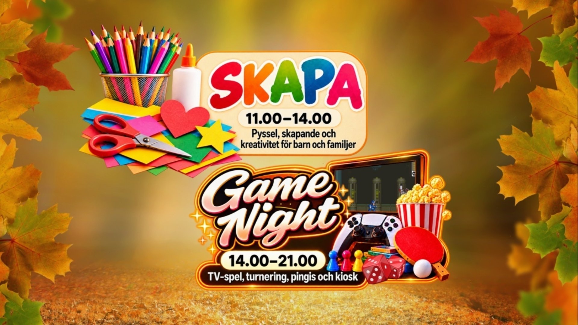 Affisch för höstlovsdagen i Vrena Folkets Hus den 28 oktober med SKAPA klockan 11–14 och Game Night klockan 14–21.