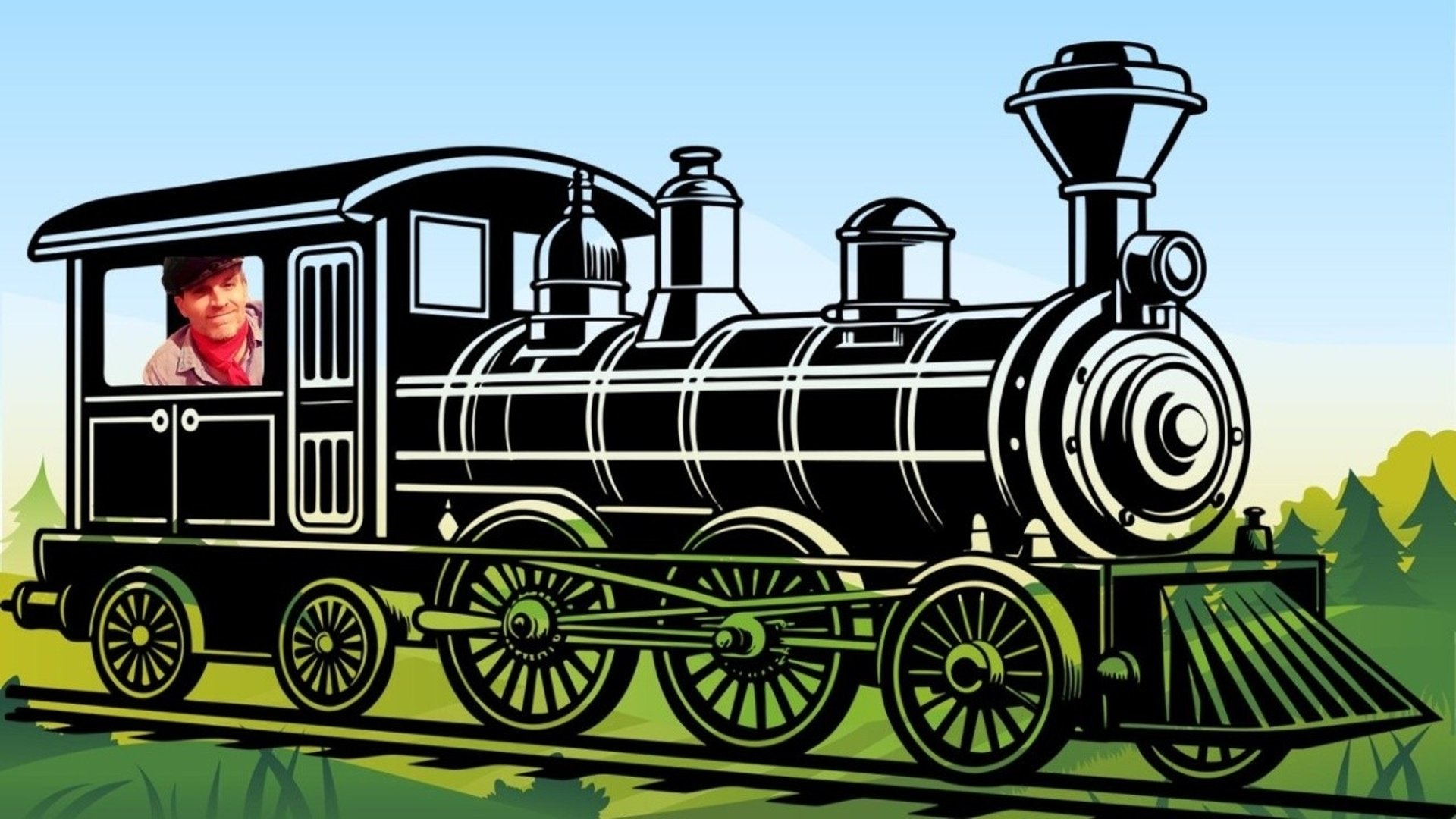 Skådespelaren Klaus Ebert sitter i ett svart tecknat ånglok och kör.