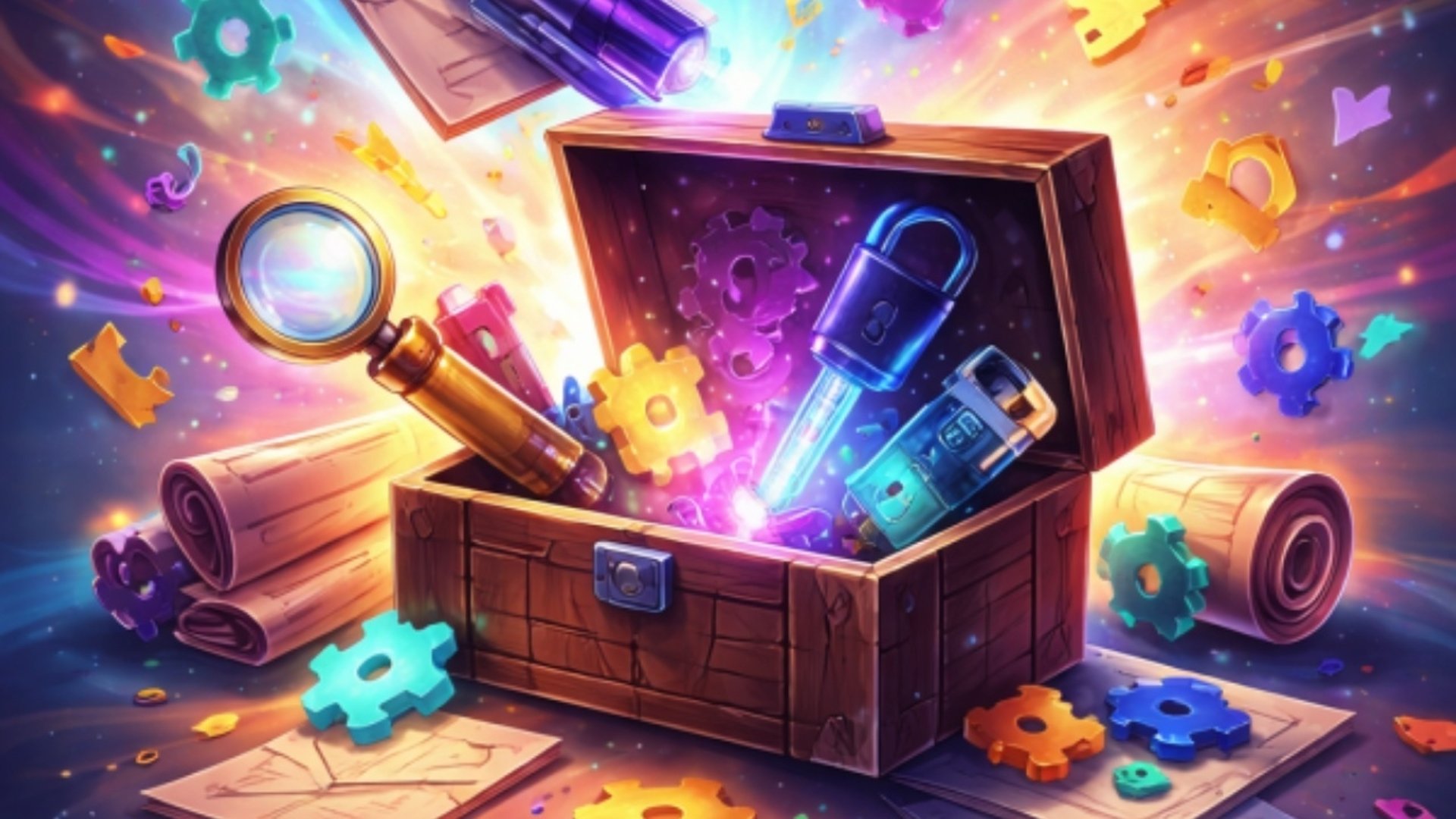 En skattkista. Ur den flyger en massa färgglada prylar.