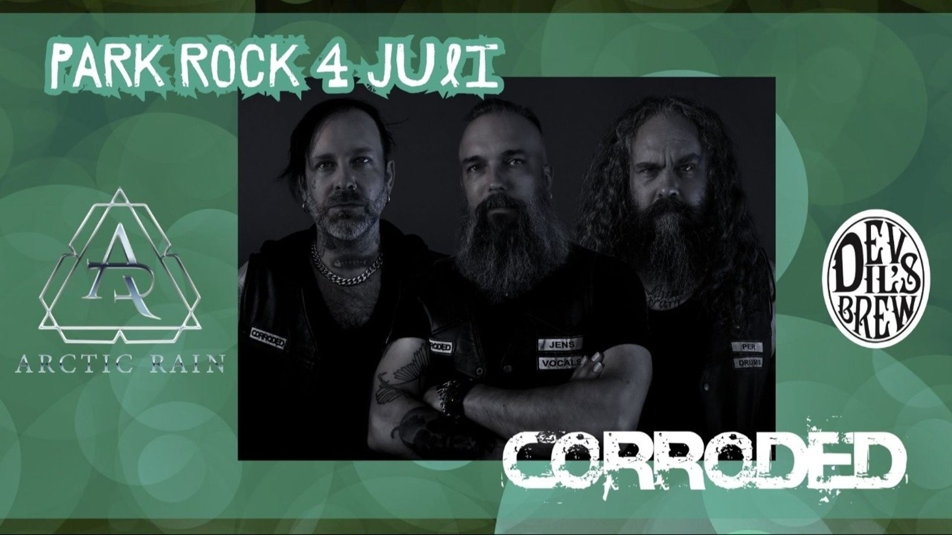Titelbild för Park Rock 4 juli i Nävekvarn. Svartvit bild på bandet Corroded samt logga, loggor även för Arctic Rain och Devil's Brew.