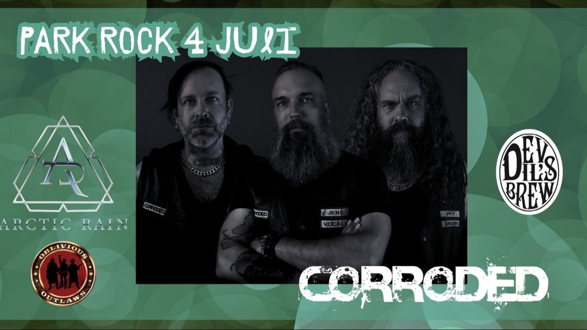 Titelbild för Park Rock 4 juli i Nävekvarn. Svartvit bild på bandet Corroded samt logga, loggor även för Arctic Rain, Oblivious Outlaws och Devil's Brew.
