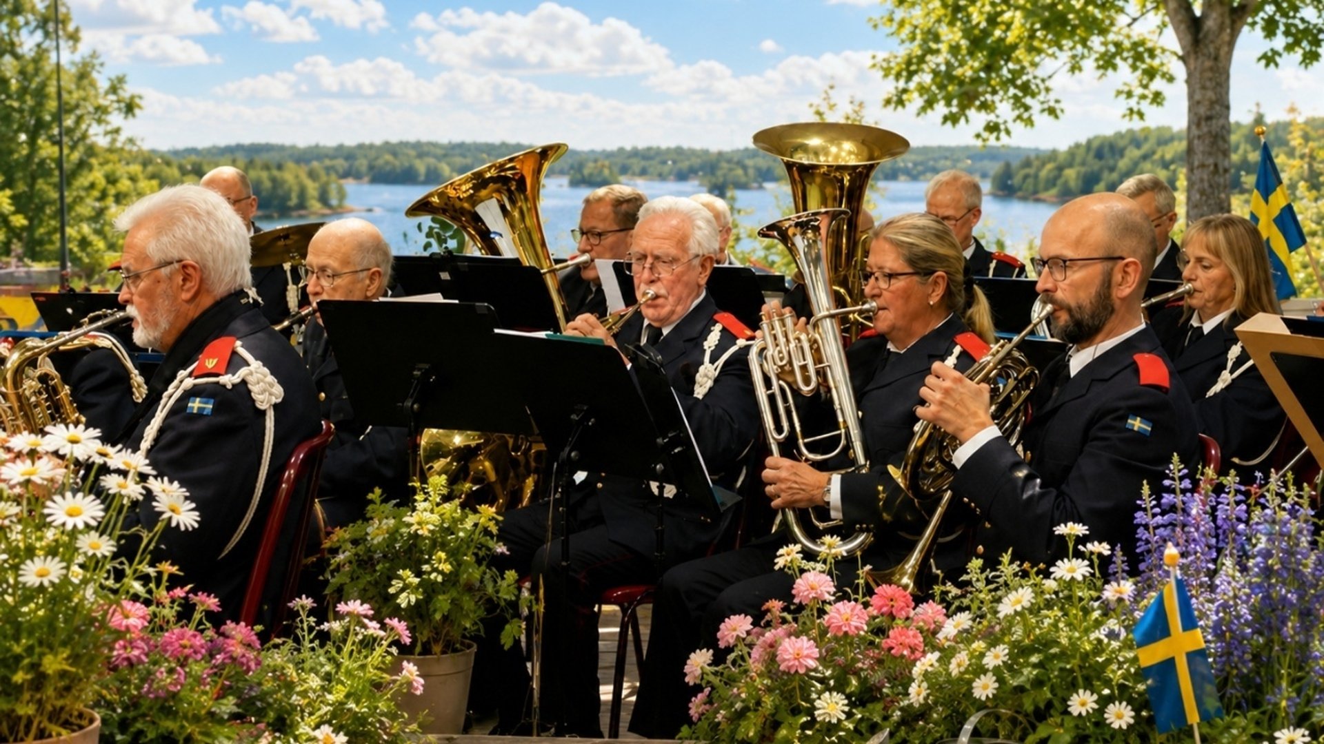 Sörmlands musikkår i uniform spelar instrument i blomsterpryd bild