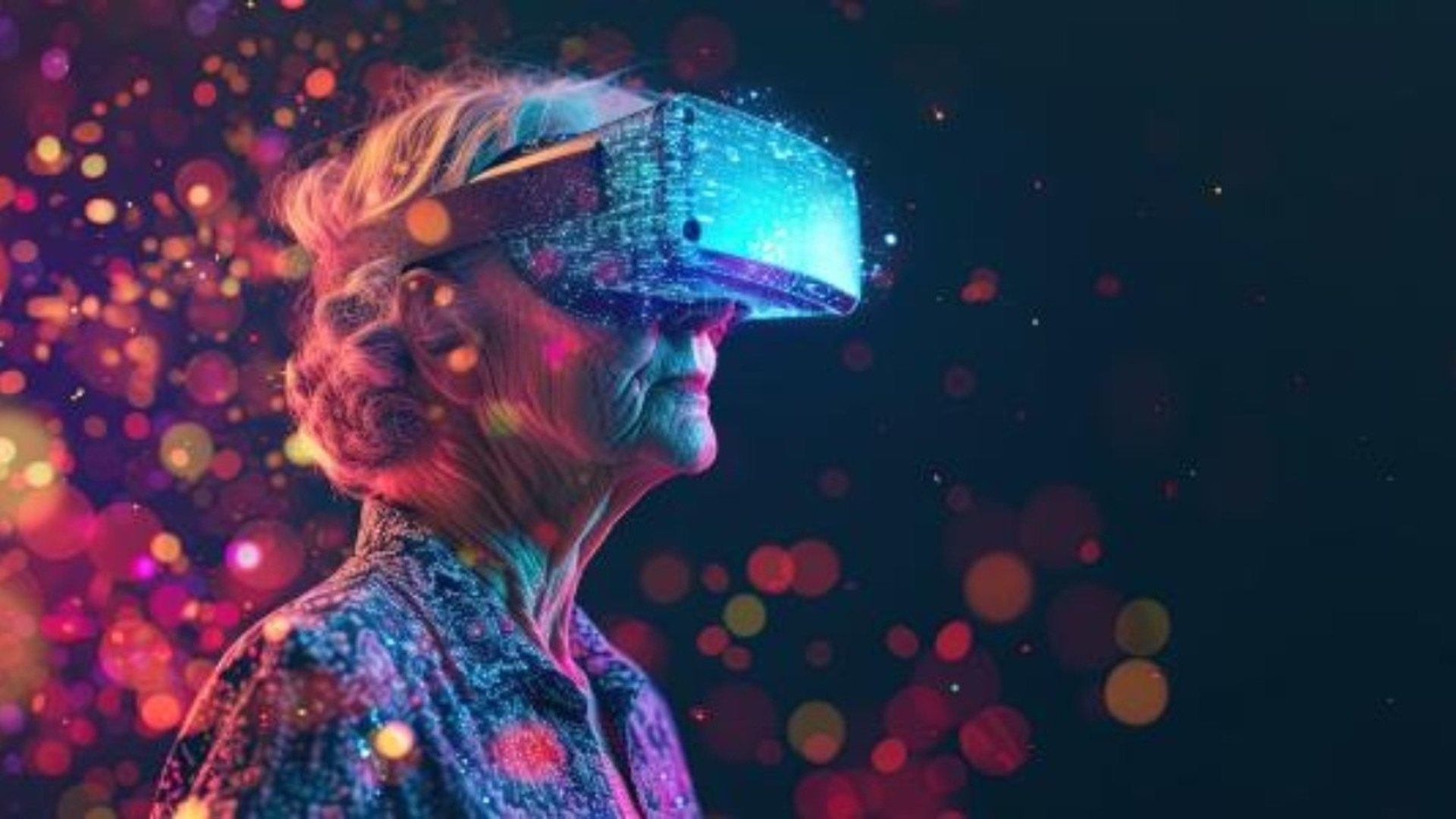 En gammal kvinna med en virtual reality-hjälm på sig.