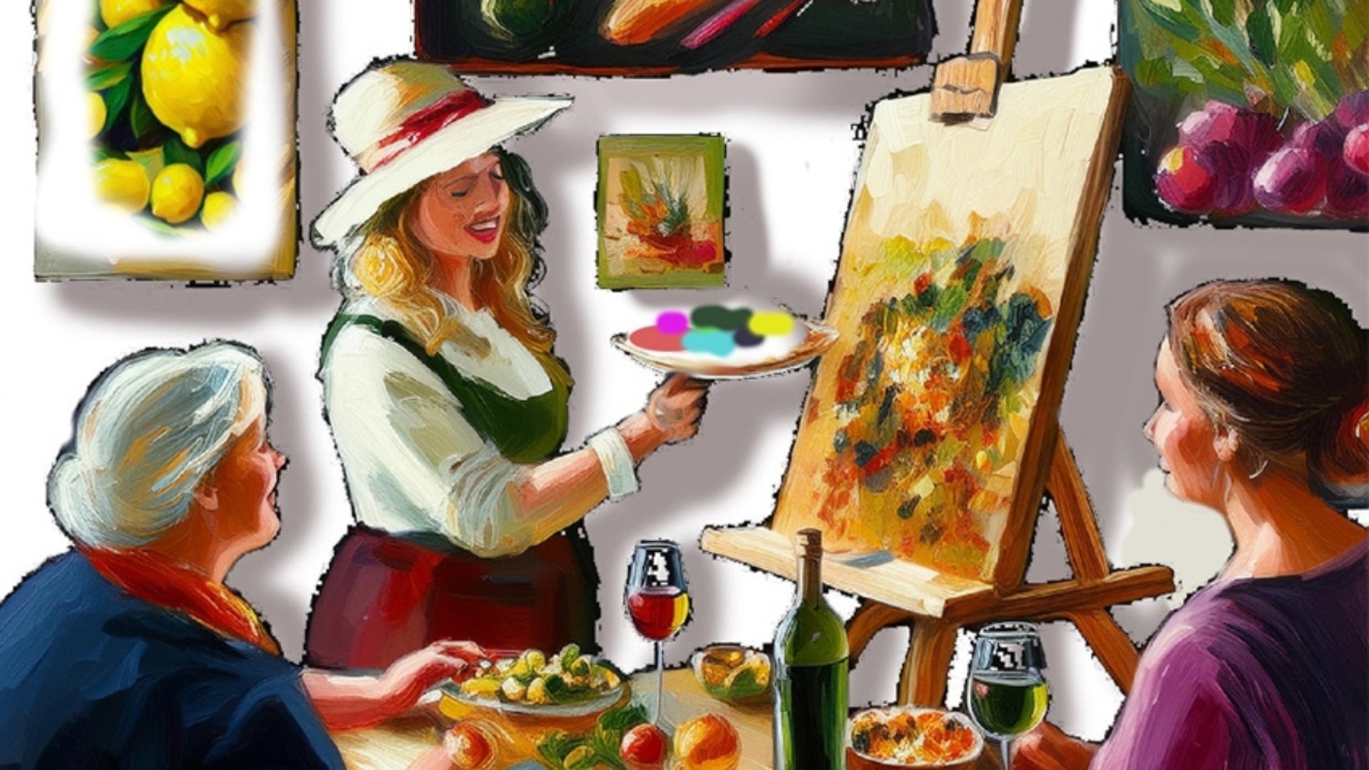 1 person målar vid ett staffli och 2 personer tittar på medan maten serveras