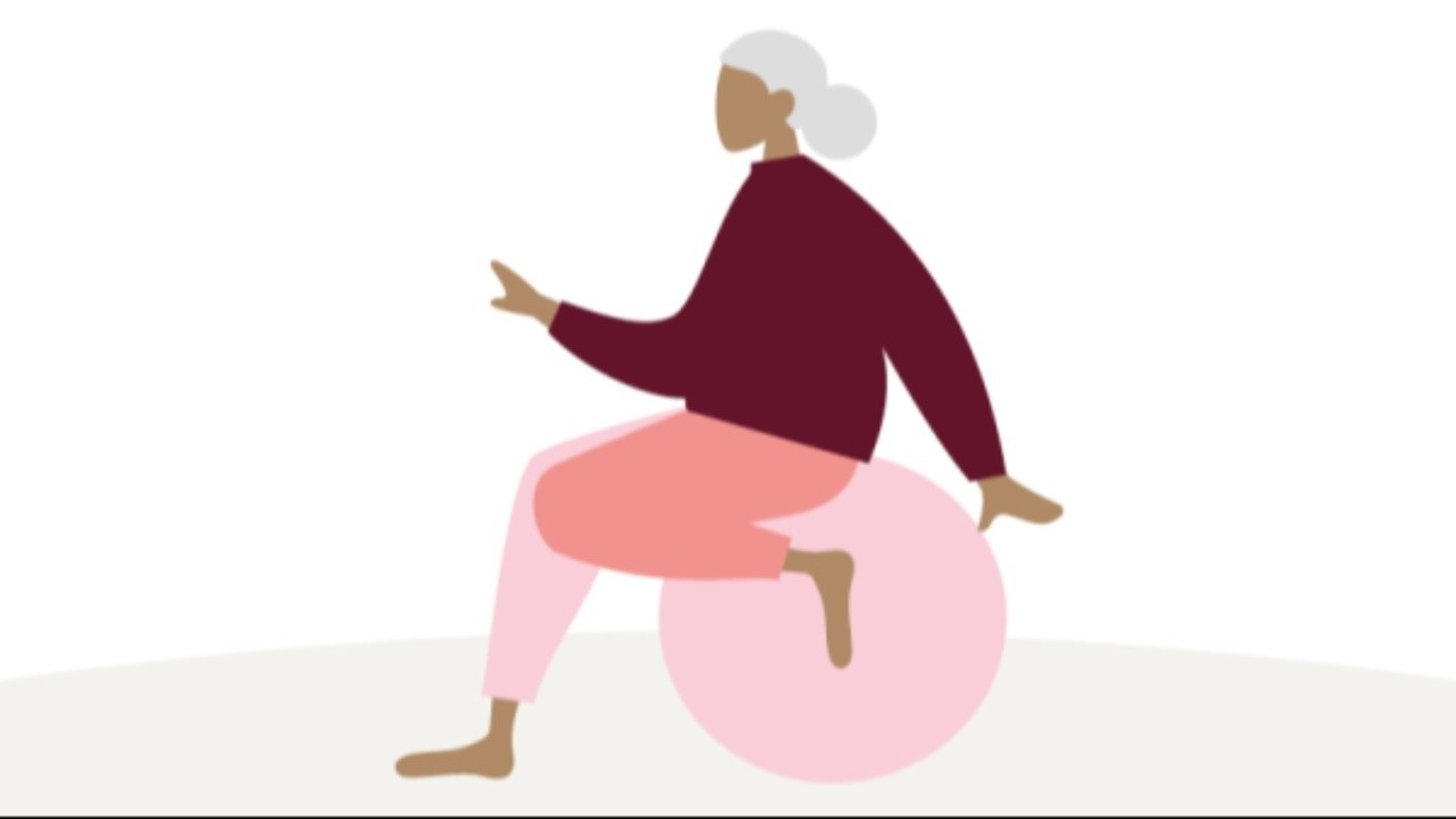 En tecknad bild på en gammal person som sitter på en gymnastikboll.