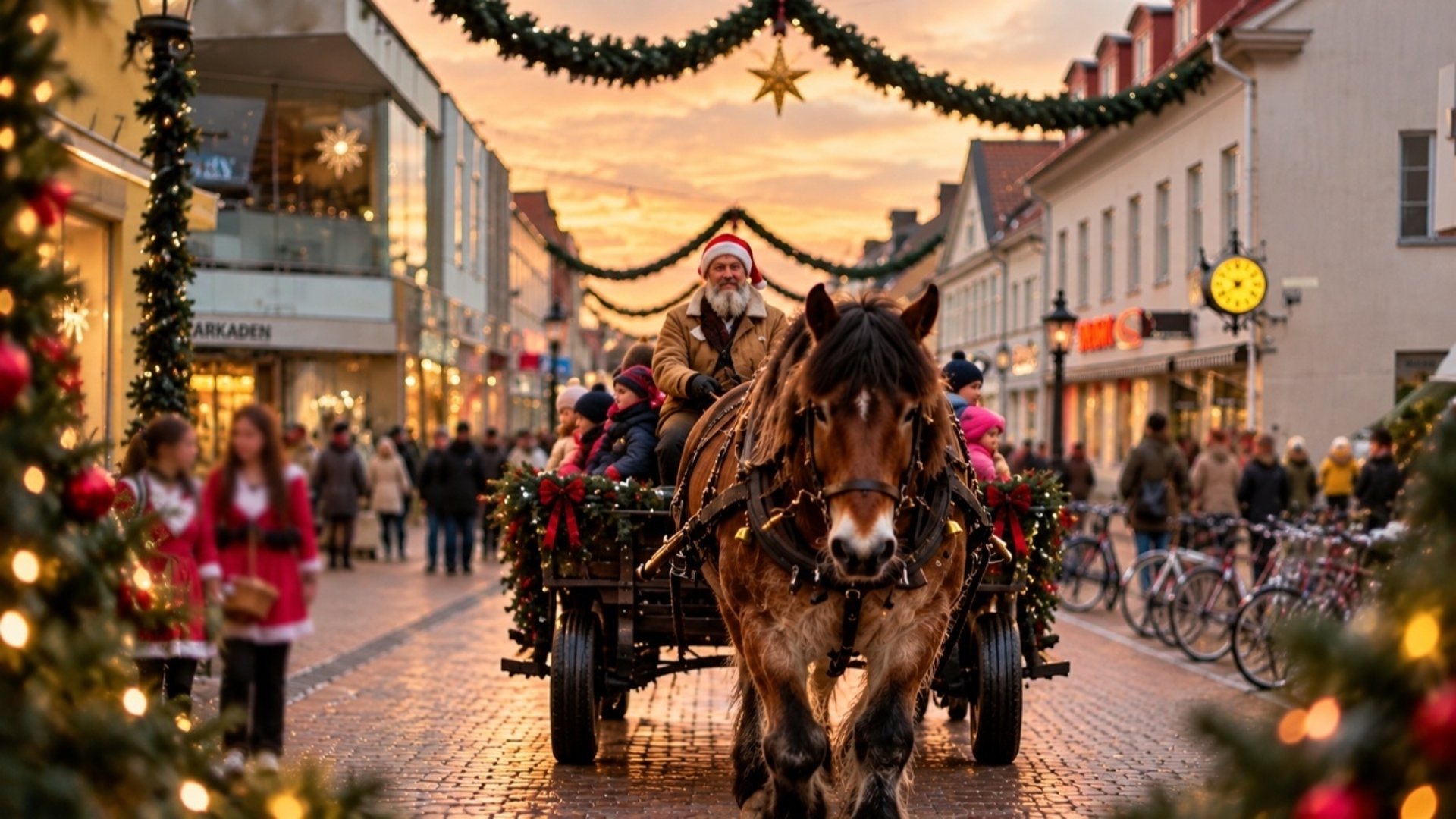 Julmys i Nyköpings centrum – häst och vagn & julnissar!
