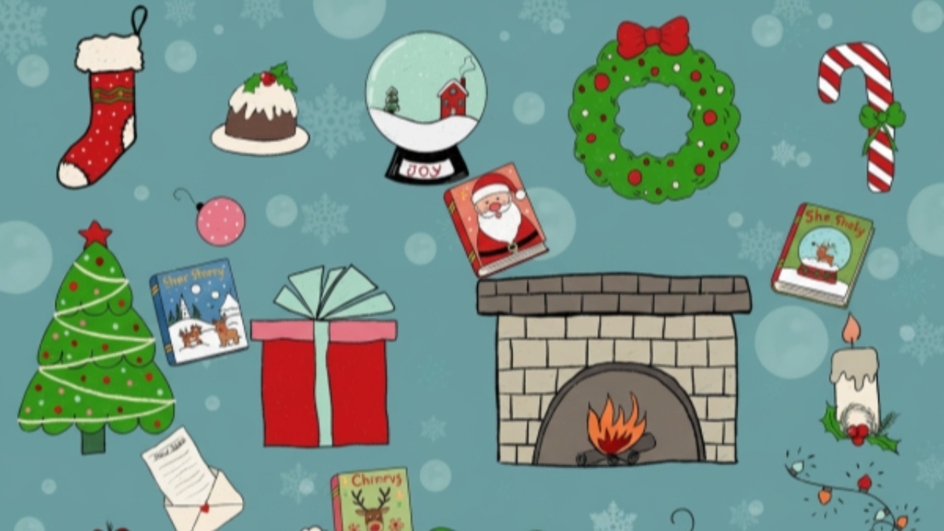 En tecknad bild med olika juliga föremål.