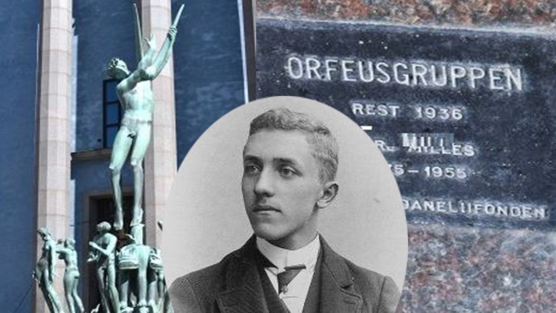 Ett blåtonat fotomontage med en skulptur i ärgad brons och en plakett i närbild där det står ORFEUSGRUPPEN. Samt ett äldre svartvitt porträttfoto av en ung man i centrum av montaget.
