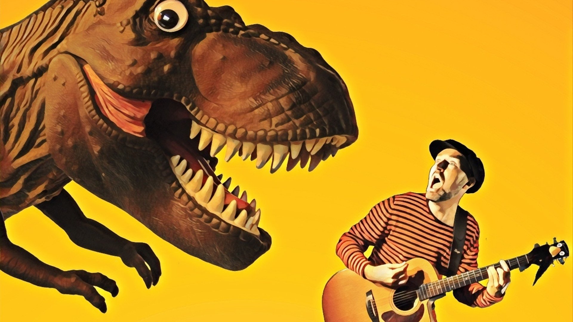 Foto föreställande Pappa Kapsyl med gitarr bredvid en Tyrannosaurus Rex