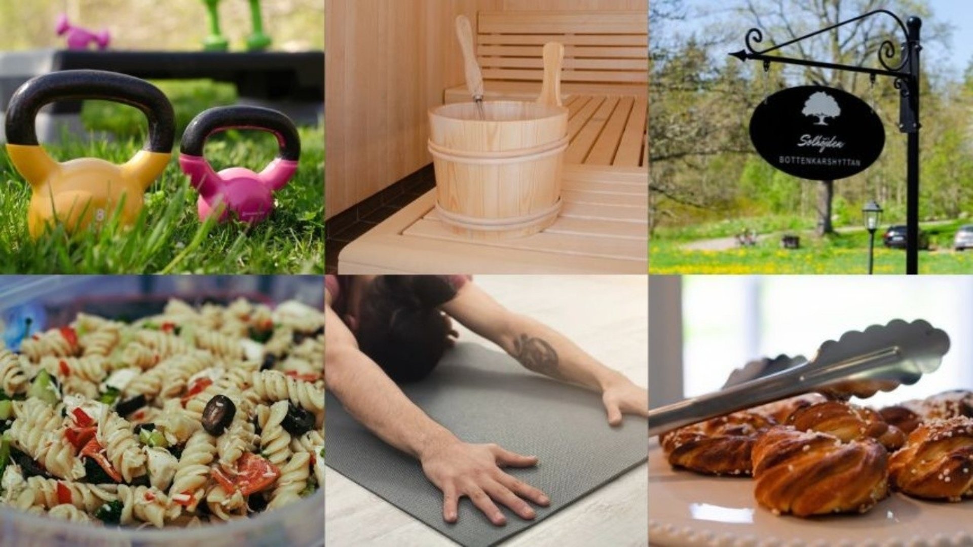 Bildkollage från Solhöjden: Träningsutrustning i naturen, bastuhink i torrbastu, skylt med texten Solhöjden Bottenkarshyttan, Pastasallad med oliver, Yoga på matta, hembakta bullar.