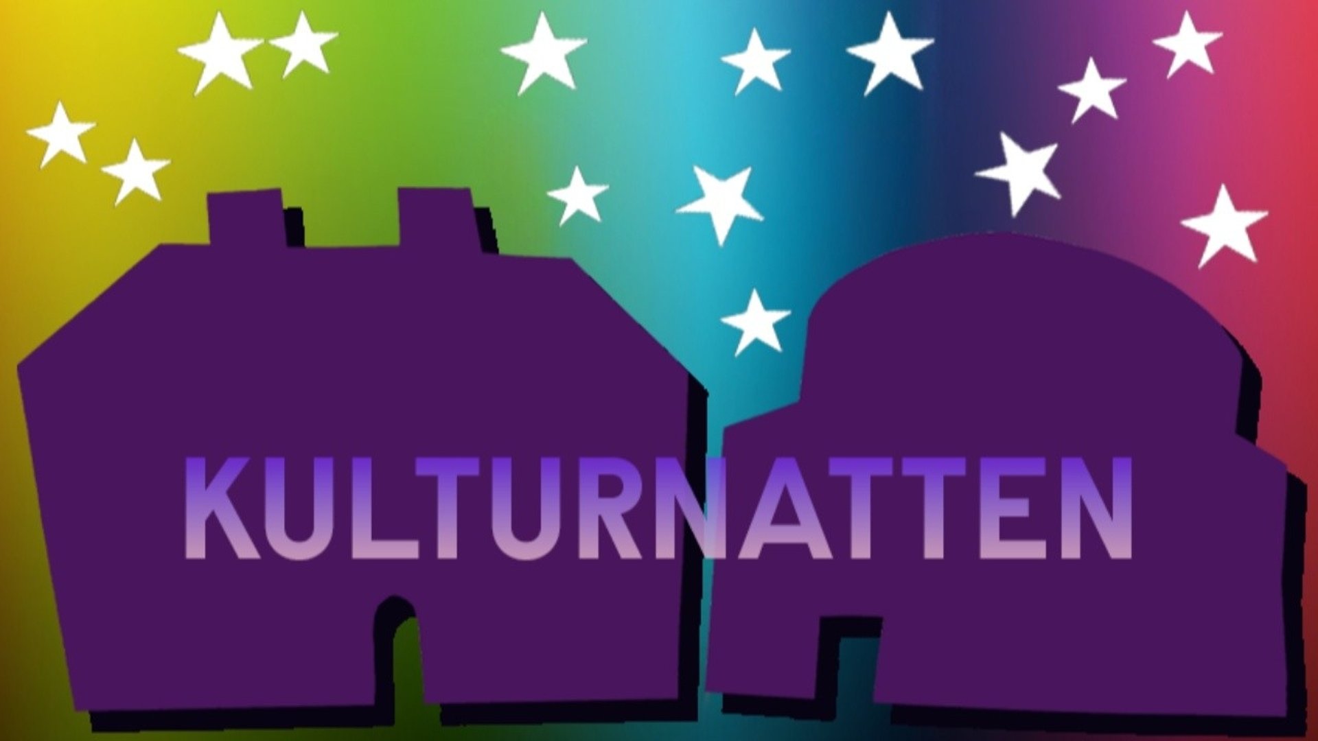 Siluetterna av ett par hus med stjärnor ovanför. Det står kulturnatten över bilden.