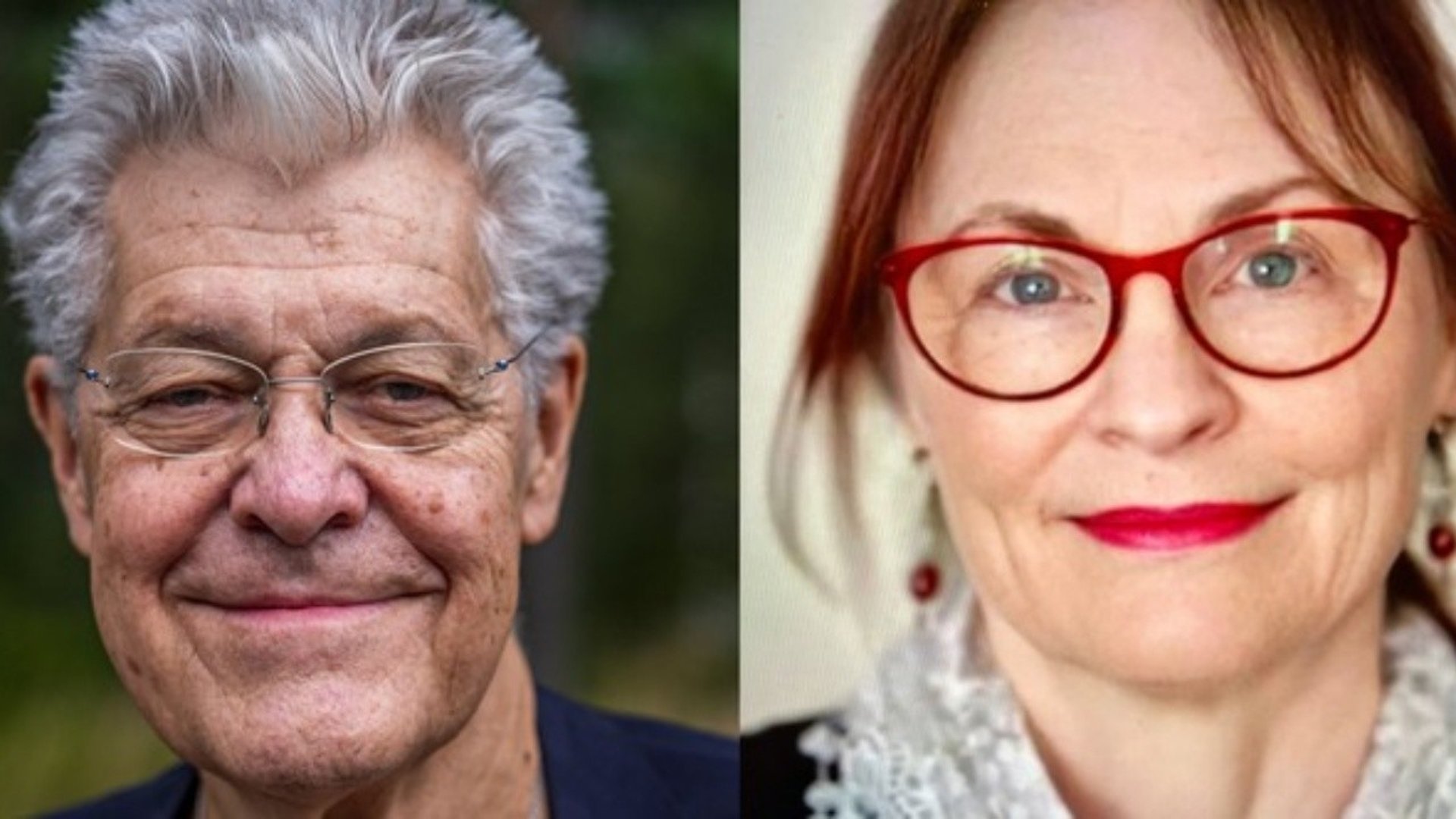 En kvinna och en man ser in i kameran