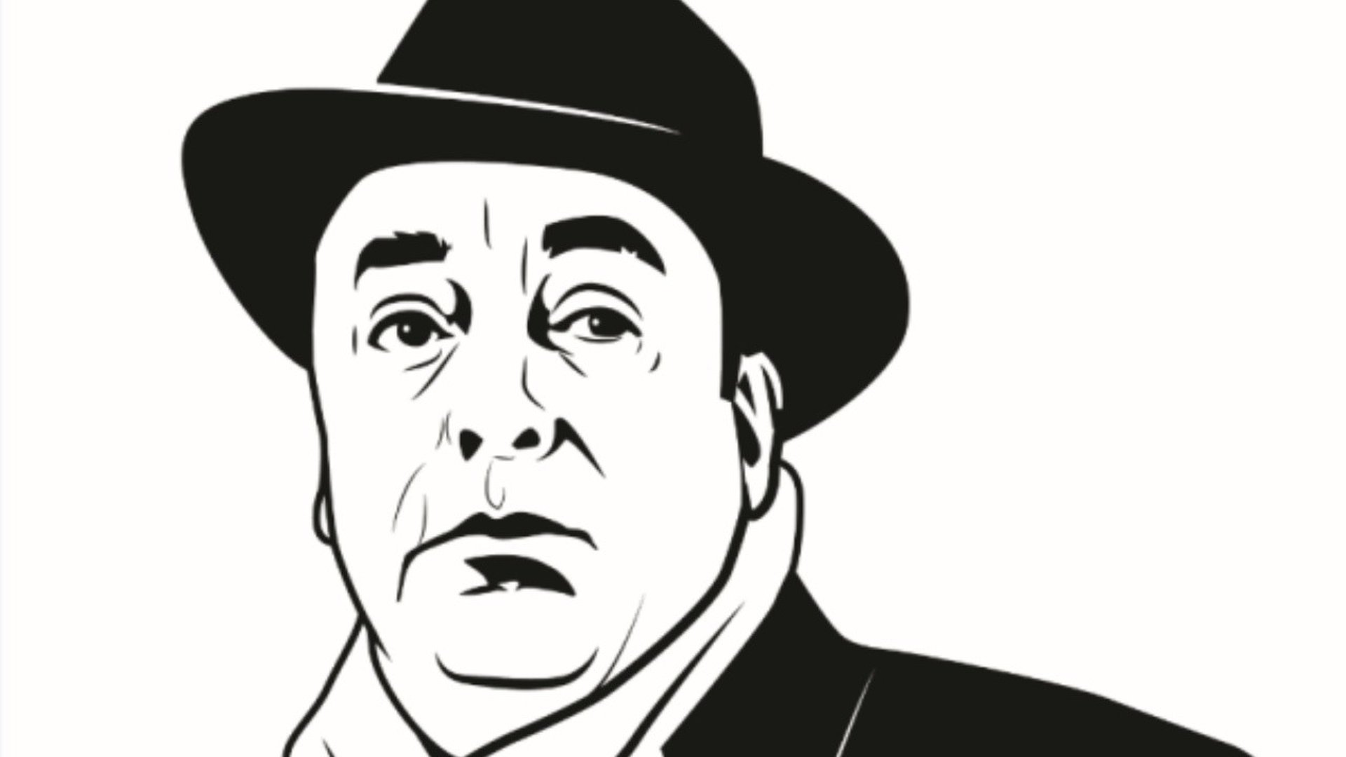Tecknad porträttbild på Pablo Neruda.