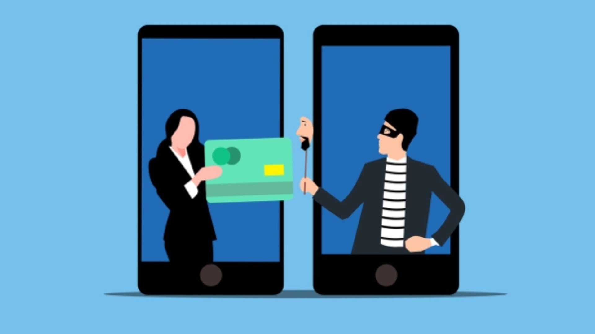 En tecknad bild på en tjuv som försöker stjäla ett bankkort.