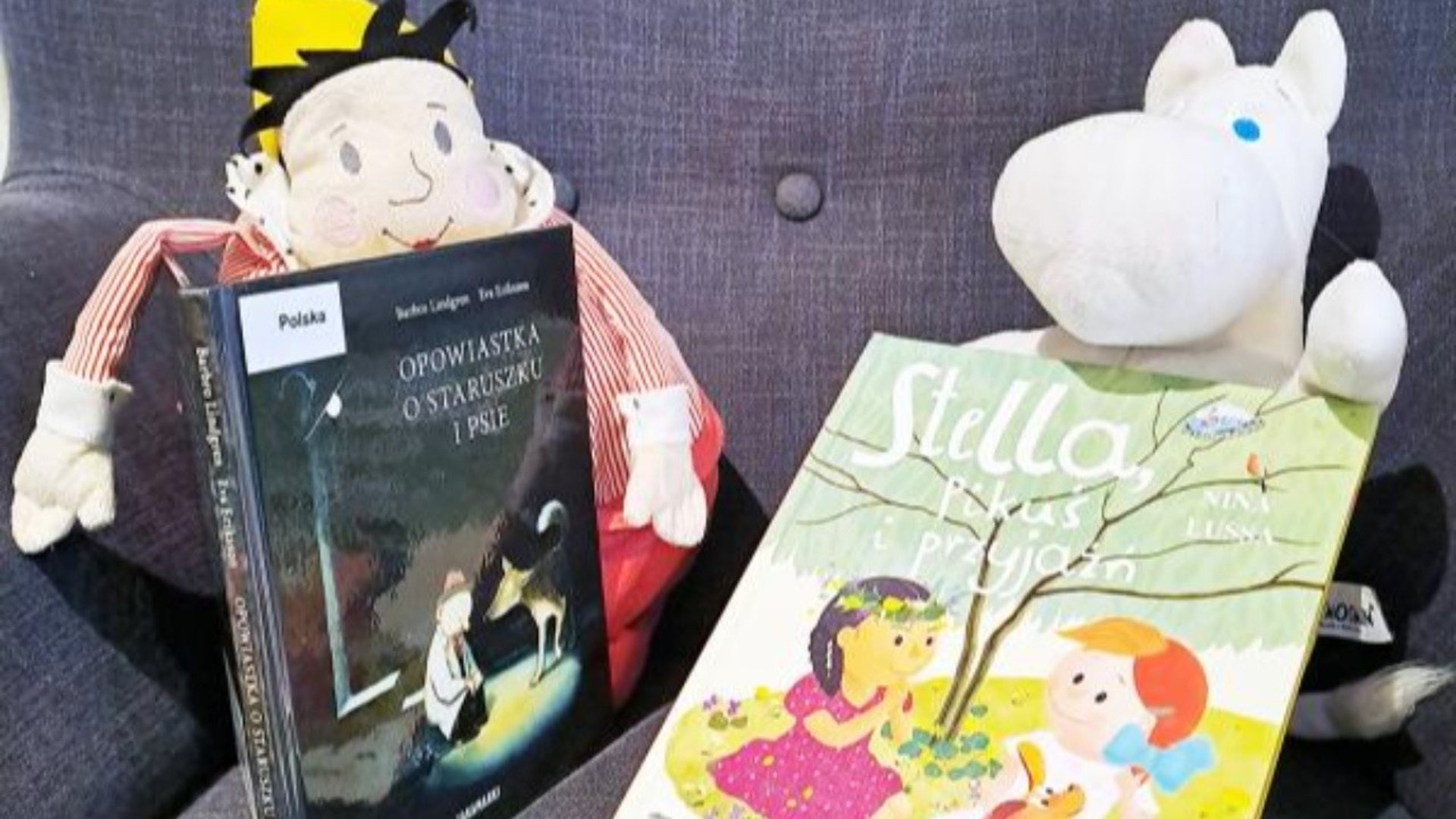 Två gosedjur med varsin barnbok på polska framför sig.