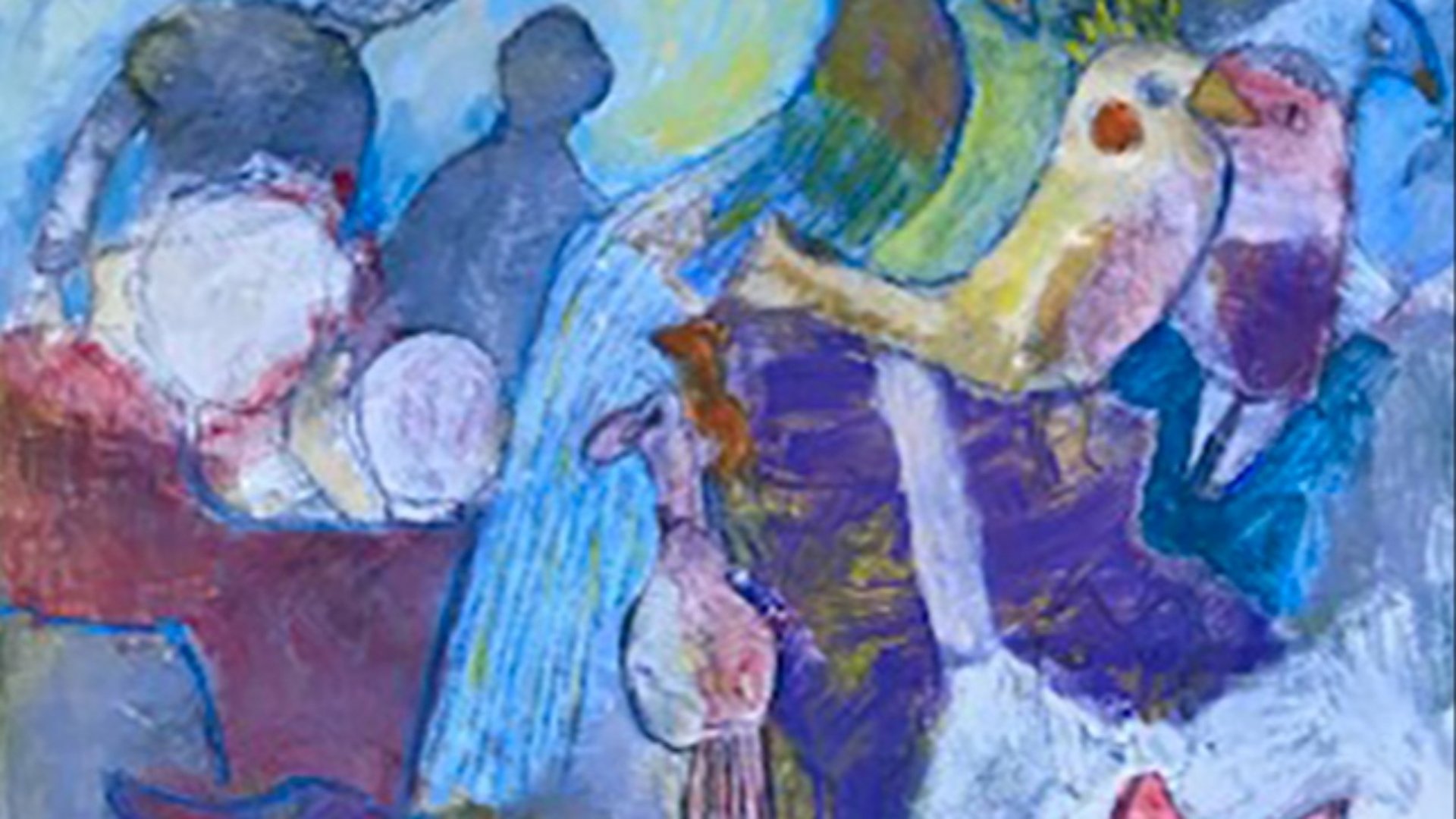 Halvabstrakt målning av Tove Mor Almvik. Blå människor och fågelformer.