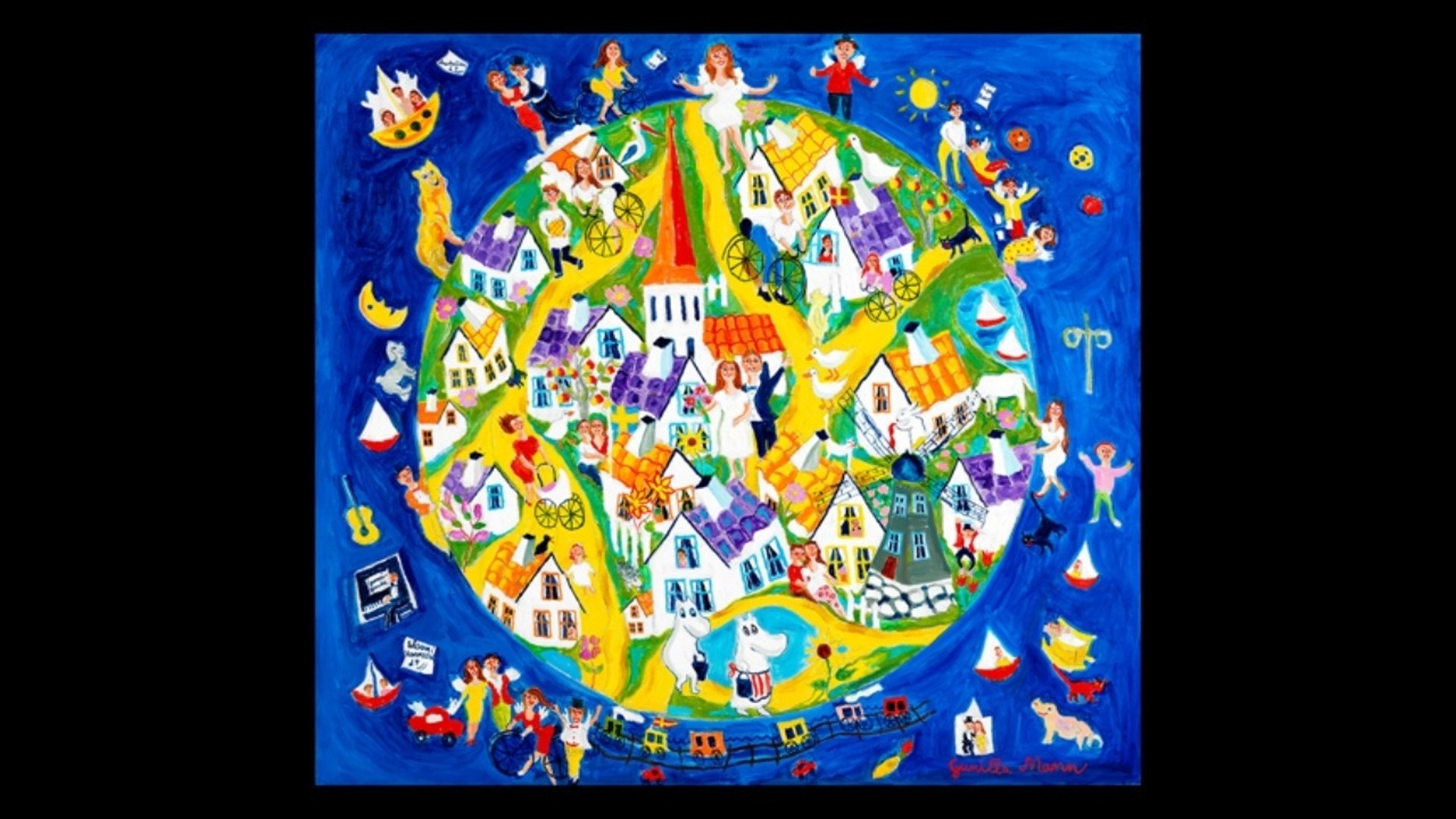 Målning med massa människor och hus