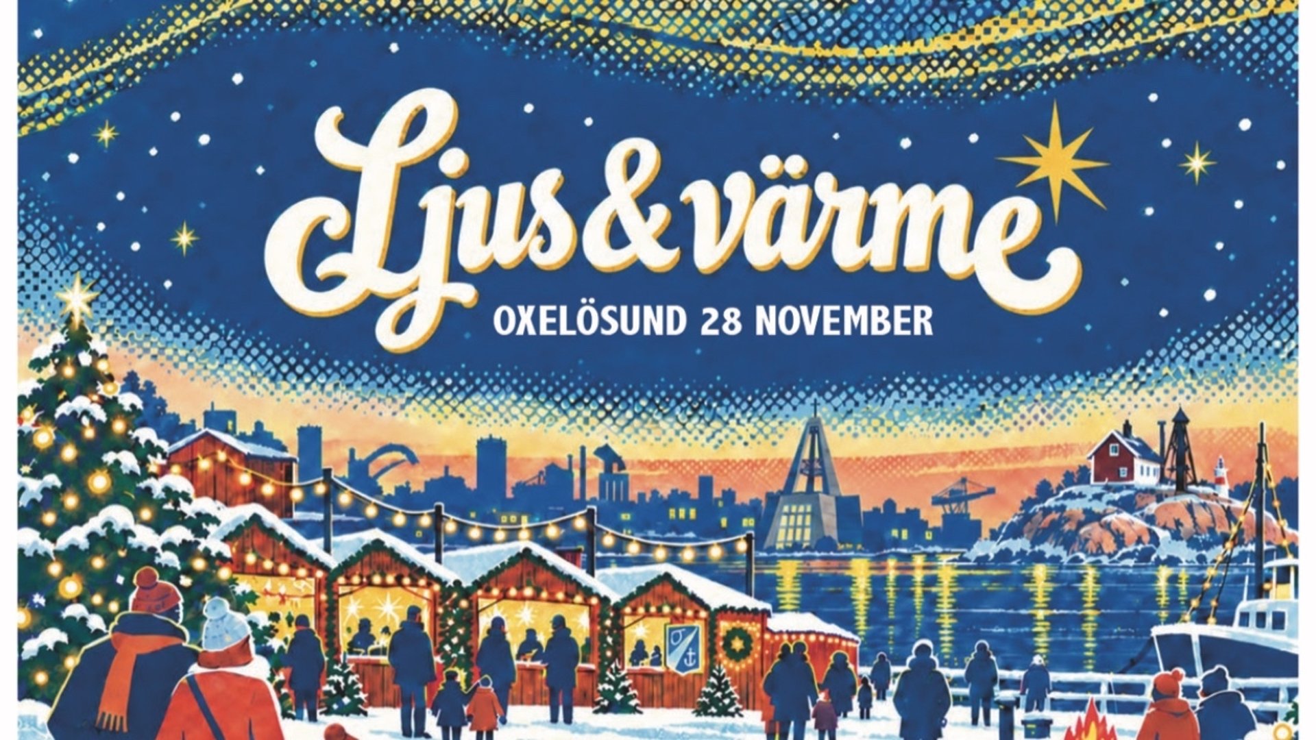 Tecknad bild med texten ”Ljus & Värme” Oxelösund 28 november 