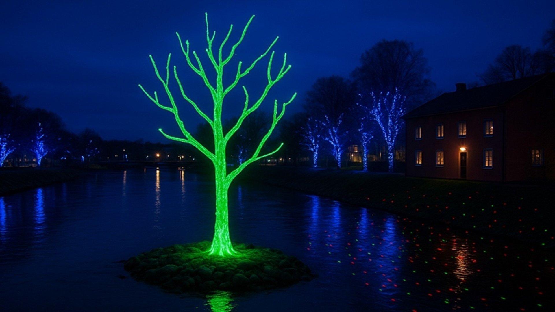Träd som lyser grön på en ö i Ån