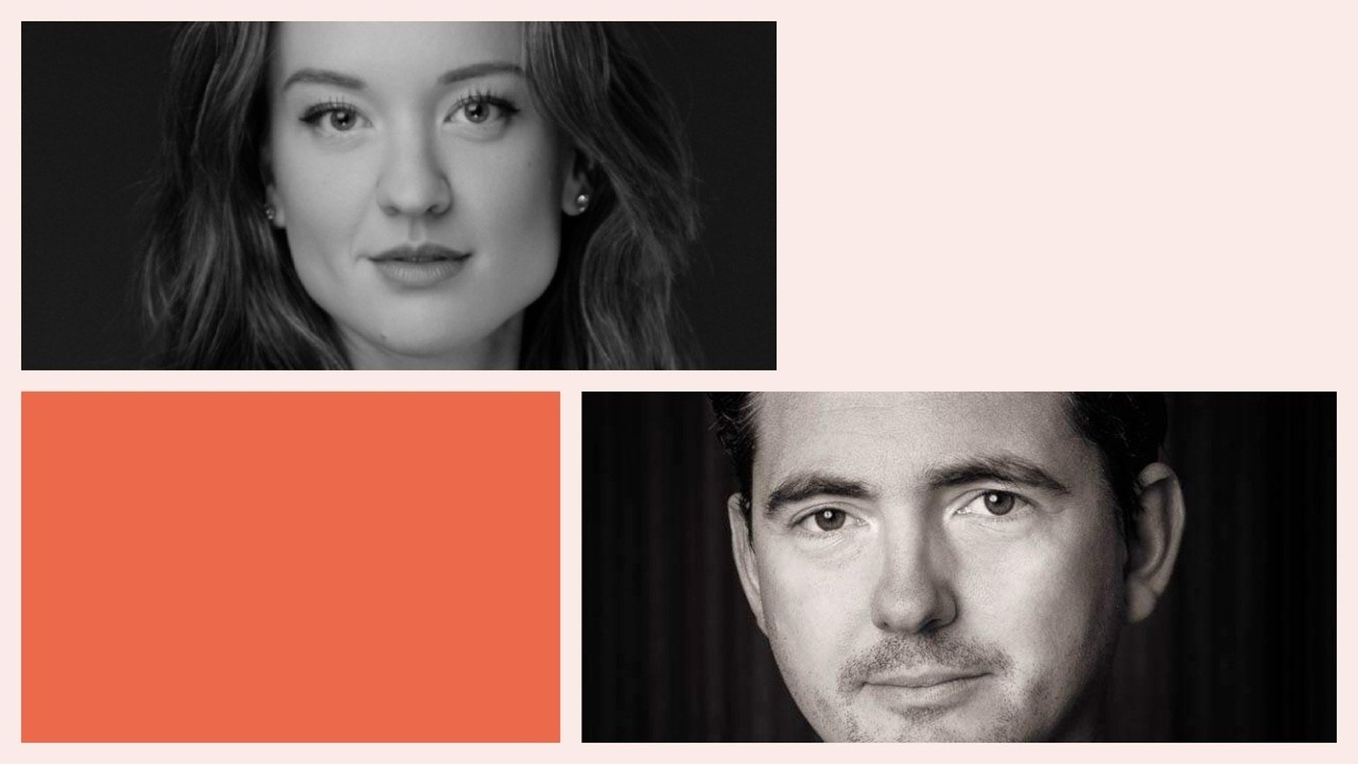 Beige och orange fält. Bilder medverkande med svart bakgrund: Ebba Lejonclou och Carl-Johan Falk.  