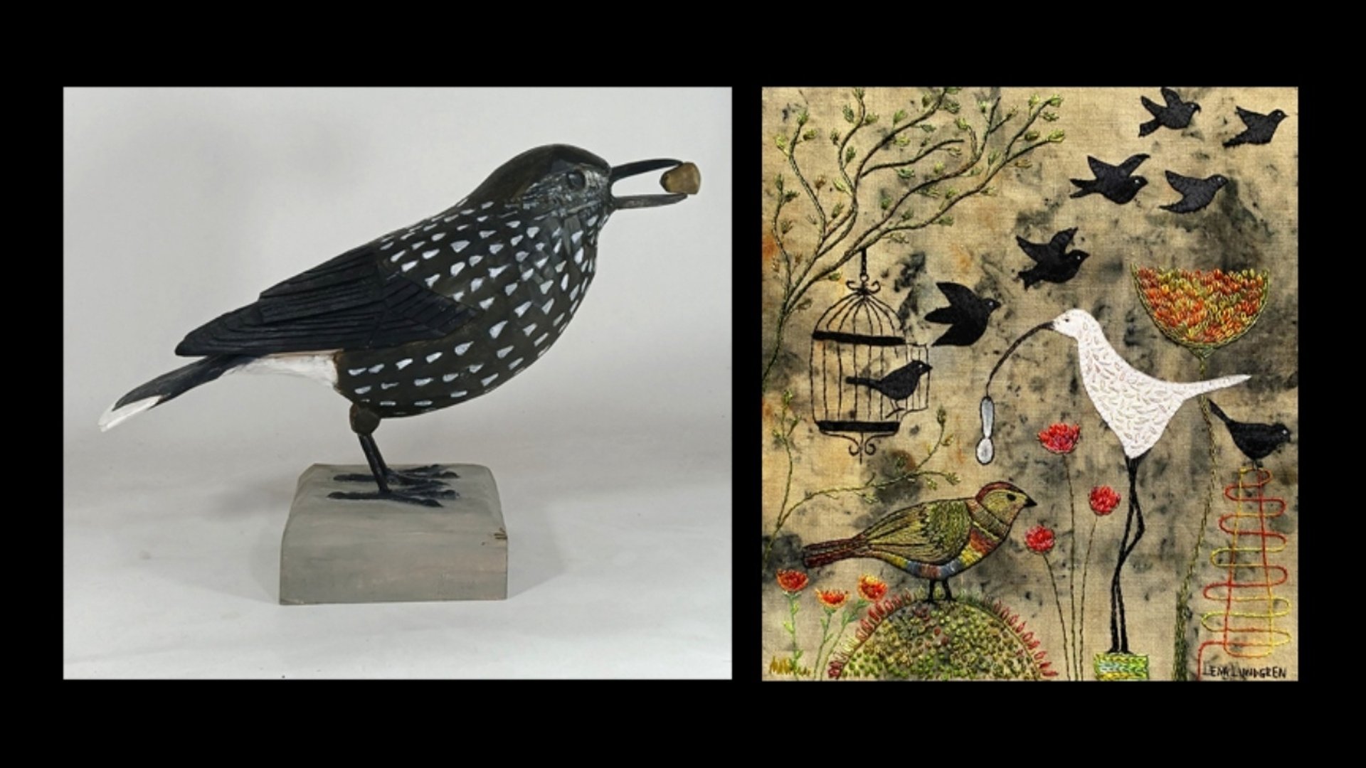 fågel i trä och tavla med broderade fåglar