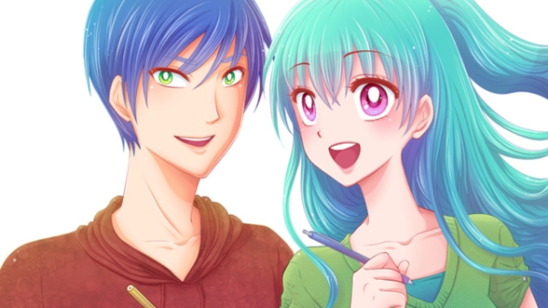 En kille med blått hår och en tjej med turkost hår tecknade i manga-stil.