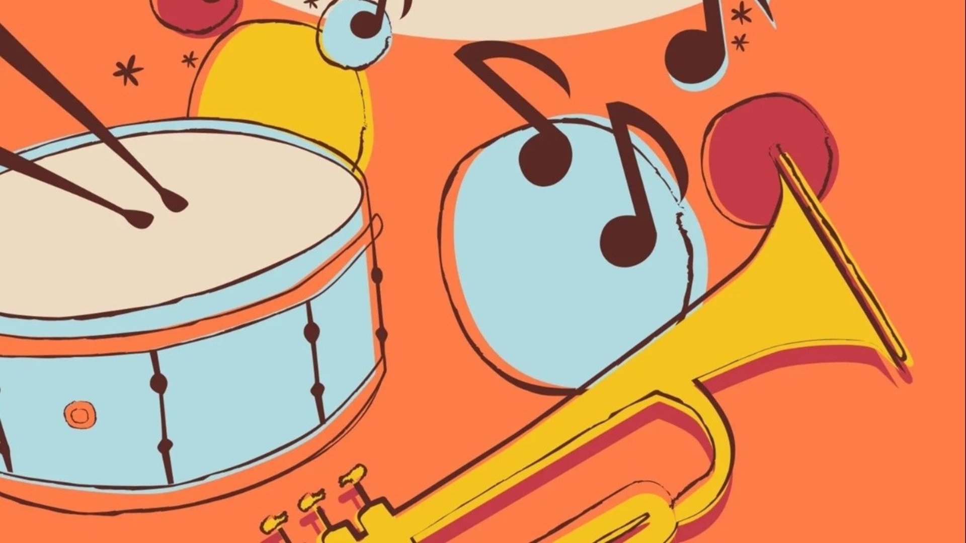 Illustration med flera musikinstrument och noter mot orange bakgrund