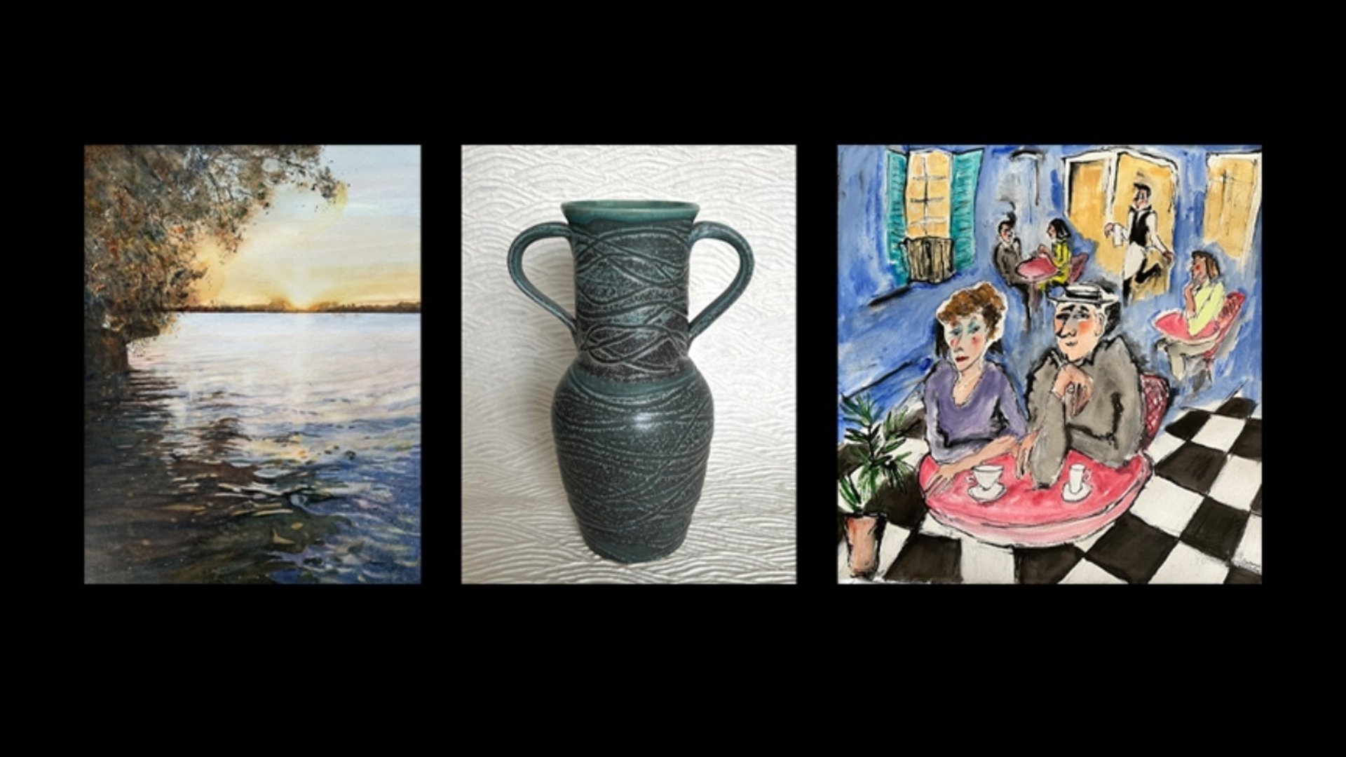 Tre bilder: en med vatten i solnedgång, en med keramikurna och en målning med människor