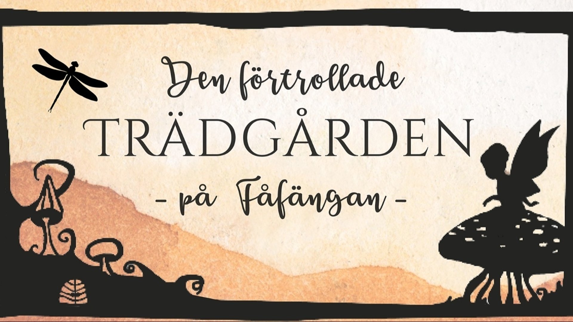 Tecknad bild föreställande en älva, en trollslända och svampar i siluett.