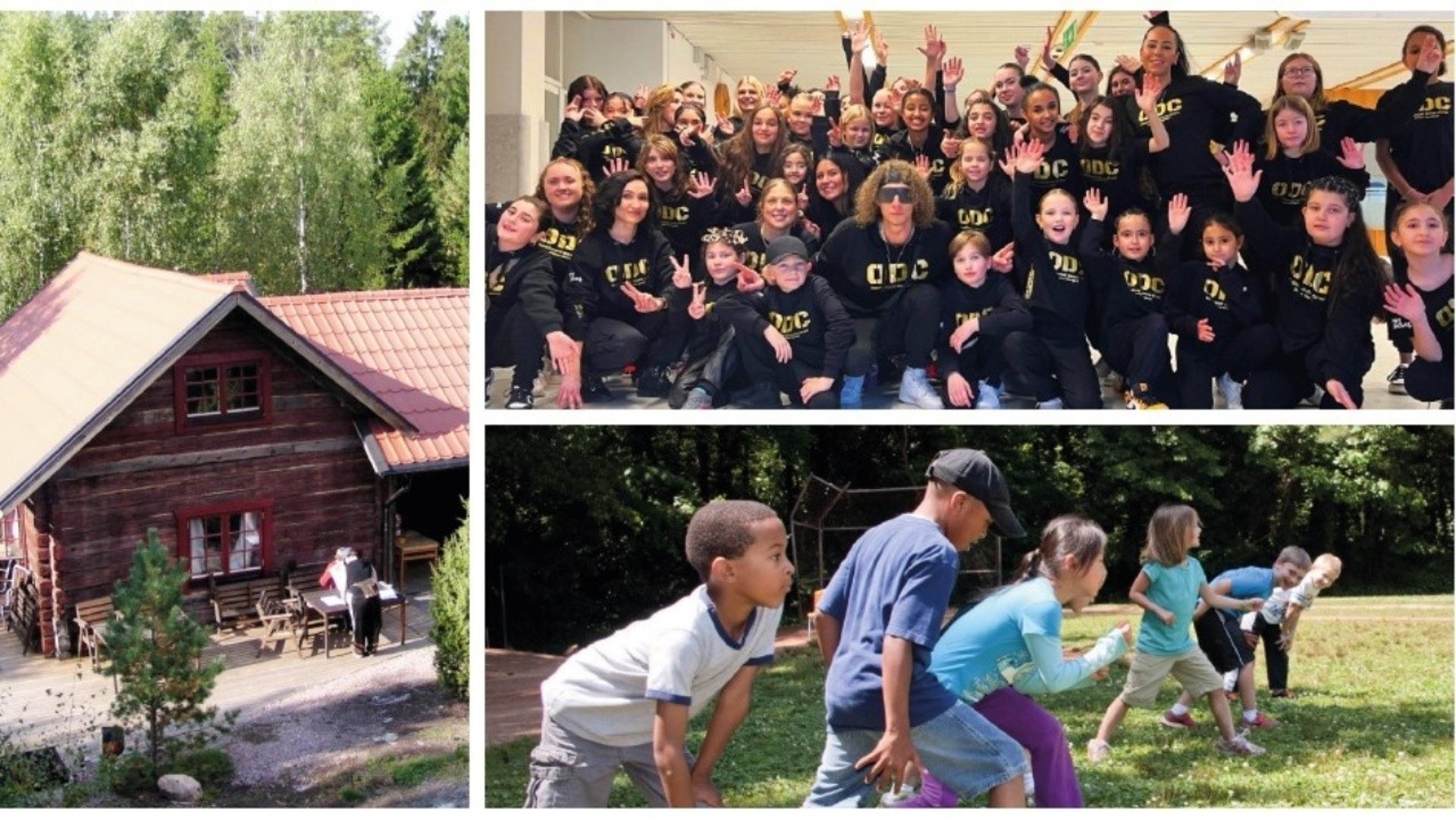 Mångkulturell sommarfest vid Scoutstugan. Tre bilder: scoutstugan, Oxelösund Dance Crew och barn som spelar kubb.