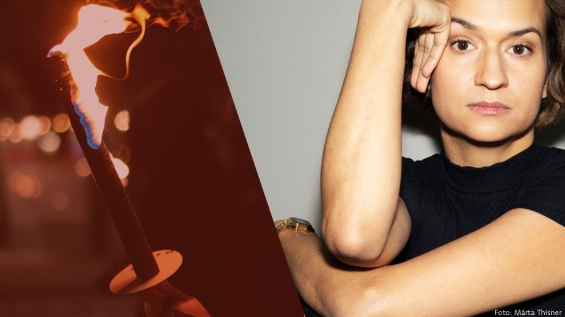 En bild som visar en tänd fackla som lyser och fladdrar i vinden samt ett fotografi av Bianca Kronlöf som vilar ena armen mot den andra. 