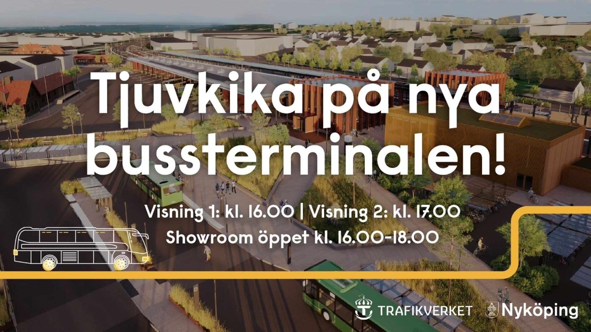Bild över nya bussterminalen med text Tjuvkika på nya bussterminalen!