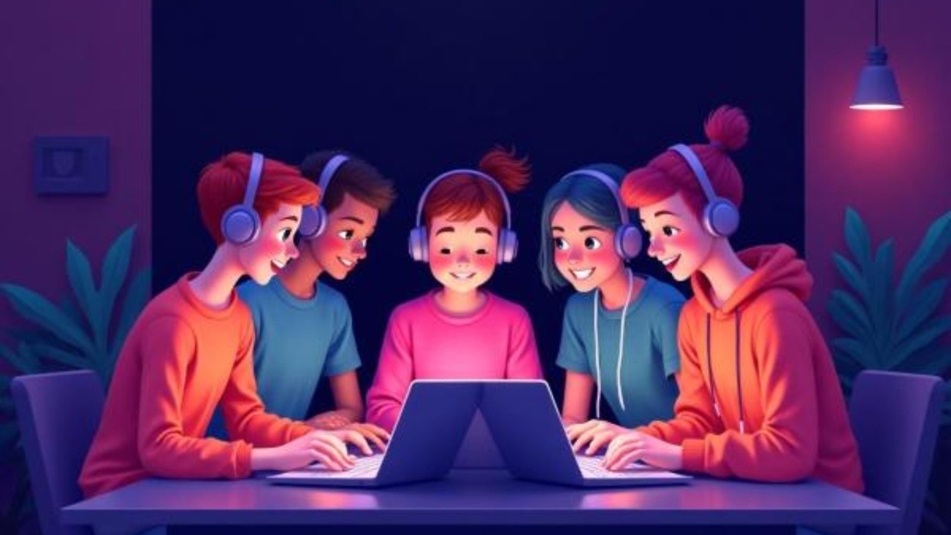 En tecknad bild där fem barn sitter runt en dator. 