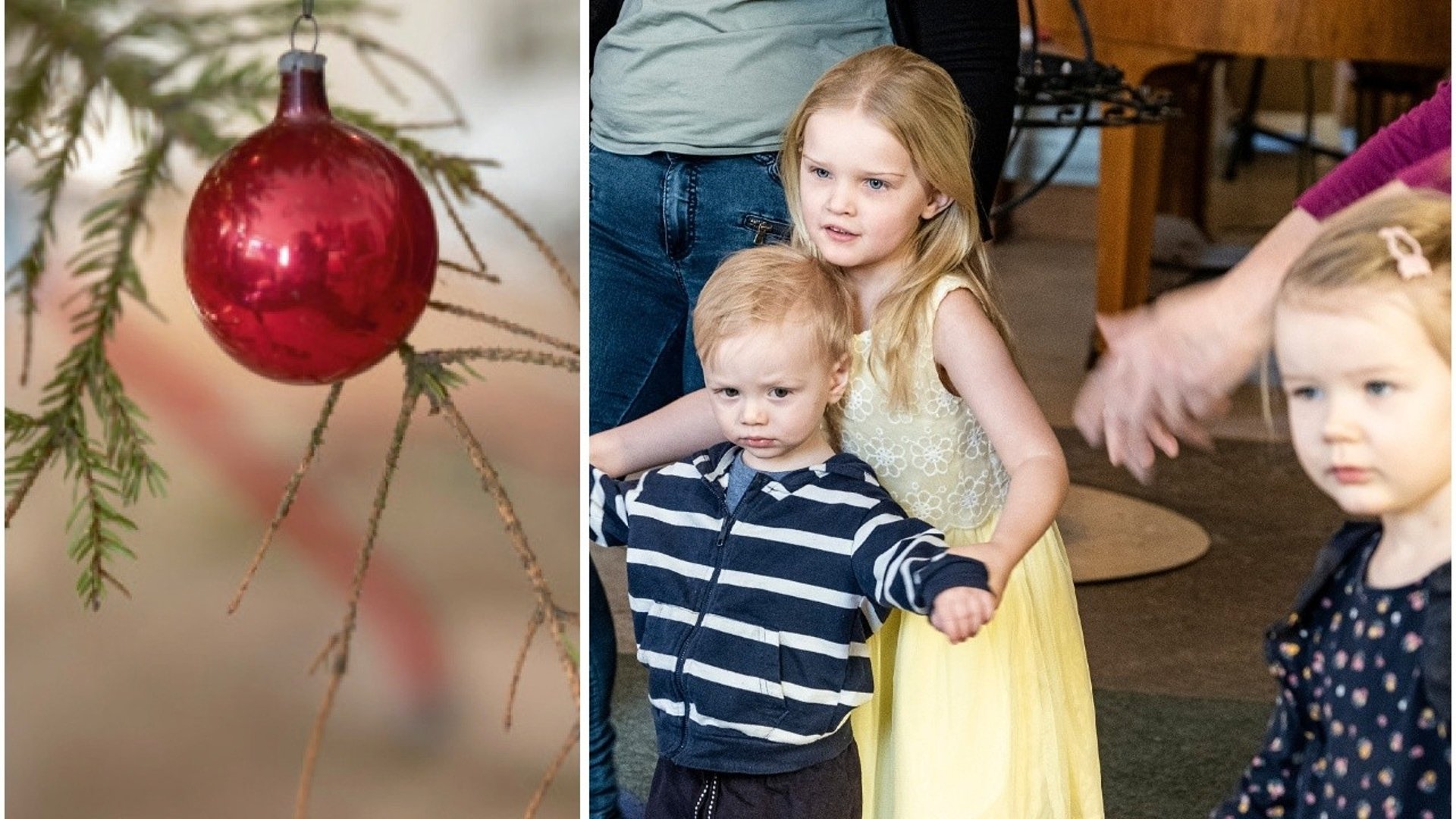 En röd julkula på en granskvist utan barr, samt en bild på barn som dansar.