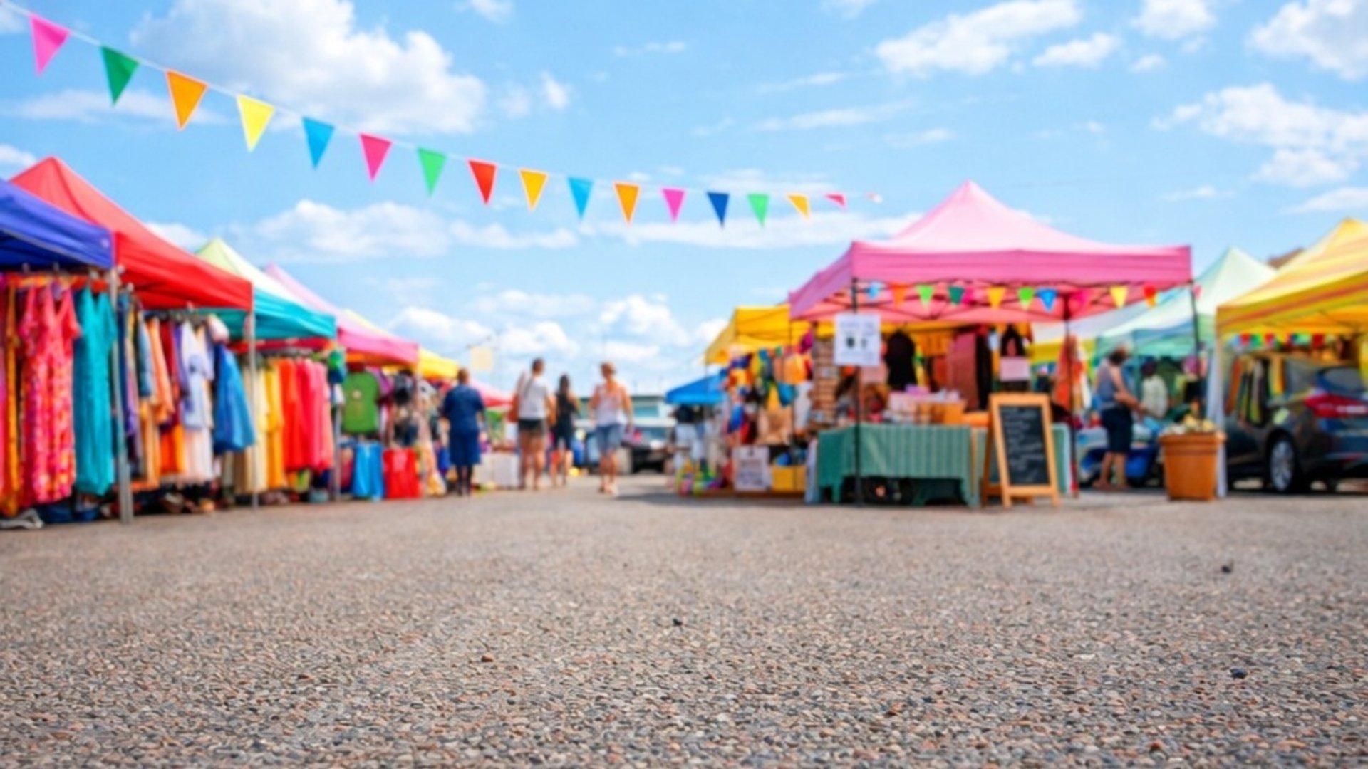 Marknadsstånd i glada färger. Vimplar och en blå sommarhimmel med vita moln.