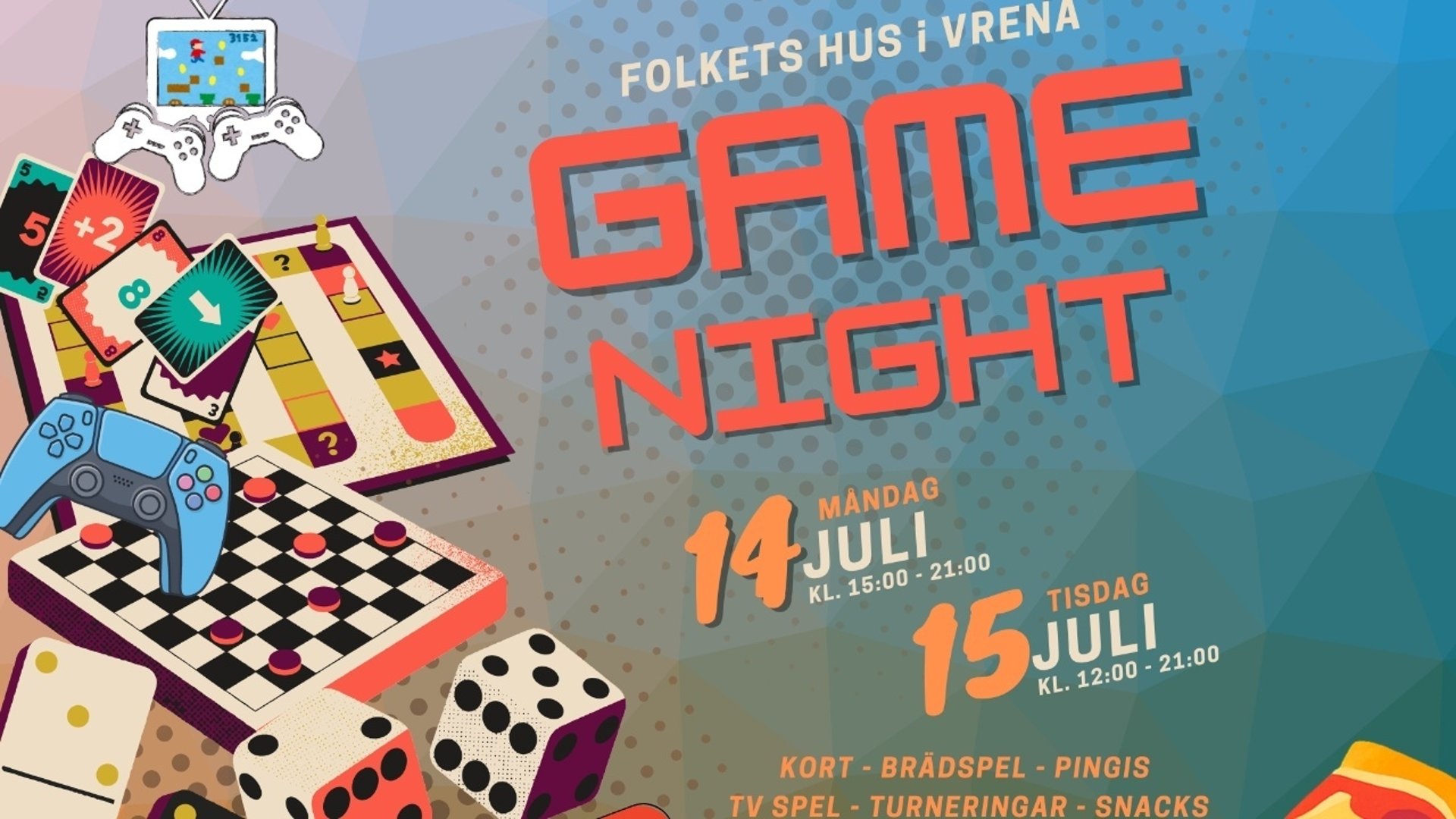 Bild på brädspel, tv-spel, kort och text Folkets Hus i Vrena - Game Night