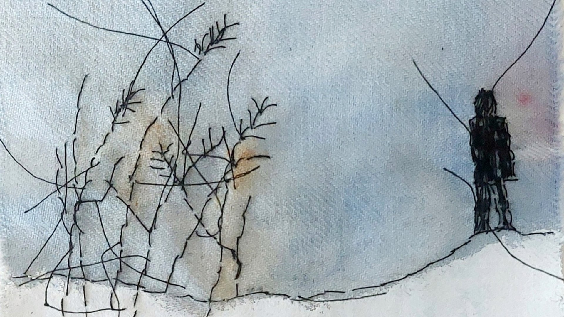 Måleri och textil av Margaretha Abenius. Människa i vinterlandskap.